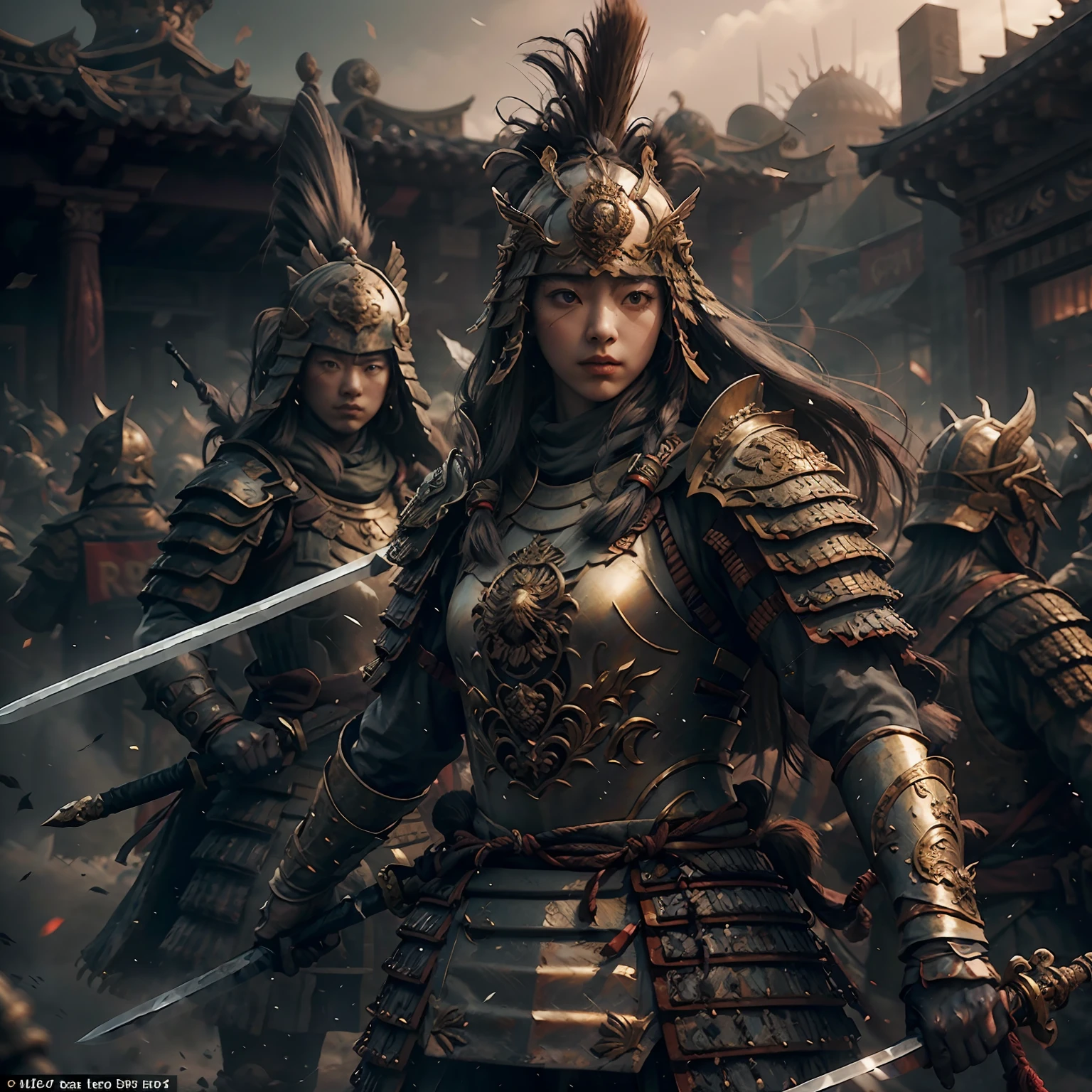 A female warrior holds a sword in the middle of the battlefield, Fighting posture, Turn things around, heroines, Gorgeous female warriors, 3D without, Realistic hyper-detail, Delicate gloss, depth of fields, Cinematic --auto