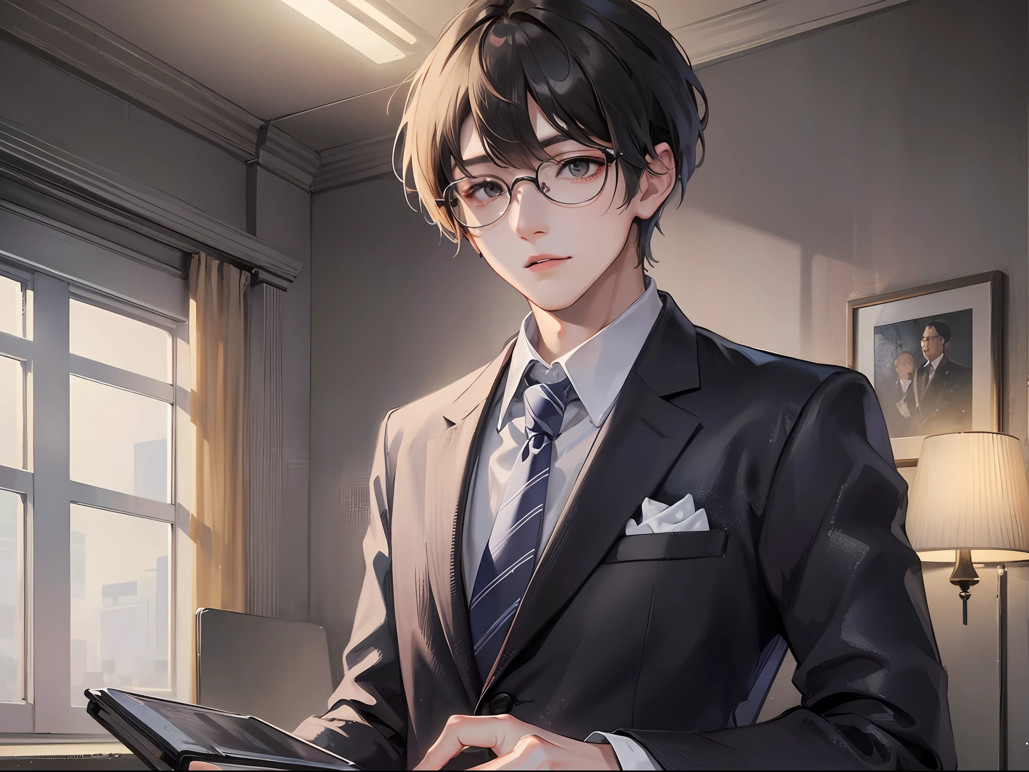 (k hd、Ultra-fine CG picture,Best picture quality、Fidelity)、(Best light and shadow effects,Very delicate and beautiful)、Young man with glasses、Business suit、wearing a tie、liveroom,