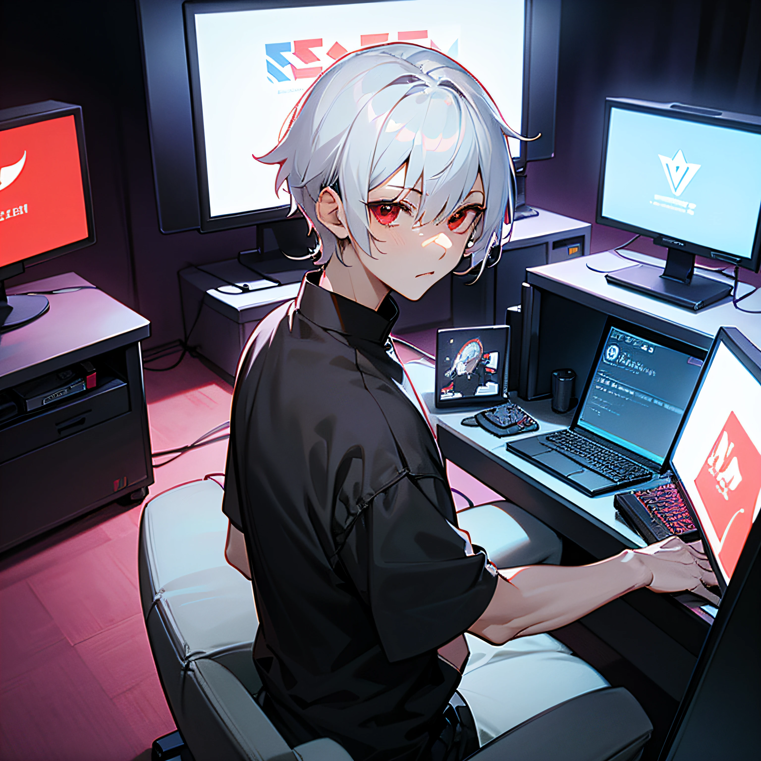 (best qualtiy,超高分辨率,1 Anime boy,with short white hair,red eyes,1Play games in front of the computer,1 Esports room background) --auto