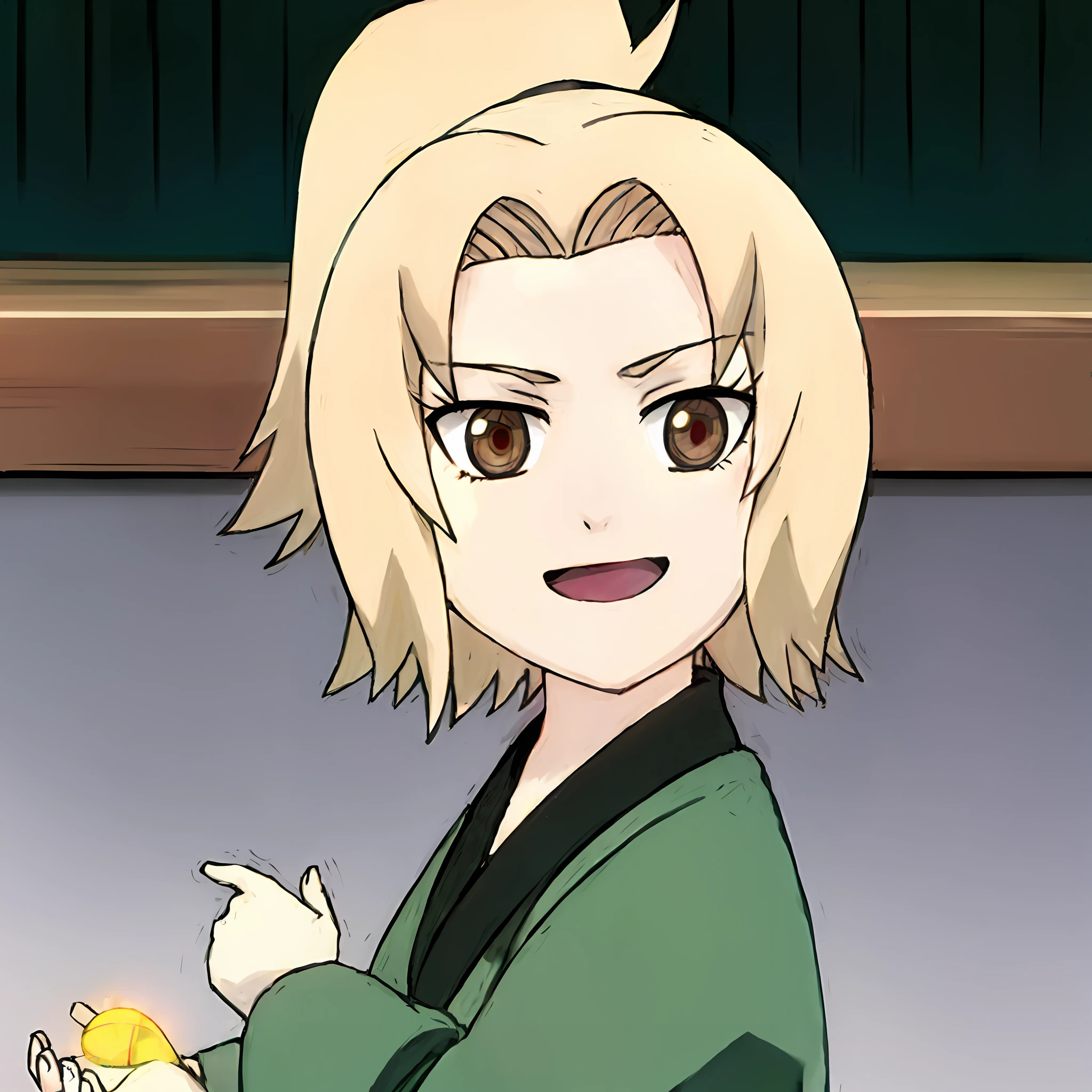 Anime girl with blonde hair and green jacket holding a yellow object, tsunade from naruto, sakura haruno, suki, tsukasa dokite, Also, as an anime character, shikamimi, Tanjiro Kamado, sakura haruno in slug sage mode, jin kagetsu, fubuki, T, Sakura Haruno