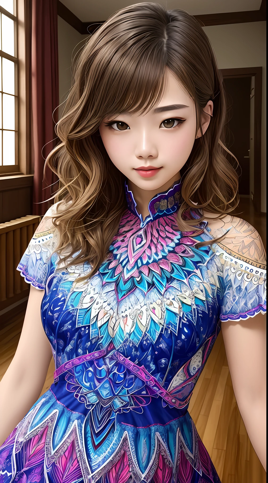 (masterpiece、top-quality、top-quality、Official art、Beautifully Aesthetic:1.2)、(1girl in:1.3)、ighly detailed、(Fractal Art:1.2)、colourfull、highestdetailed、(Zentangle:1.2)、(Dynamic Pause) 、(Abstract background:1.5)、(Nice dress:1.2)、(shinny skin)、(Many colors:1.4)、full bodyesbian 、shorth hair