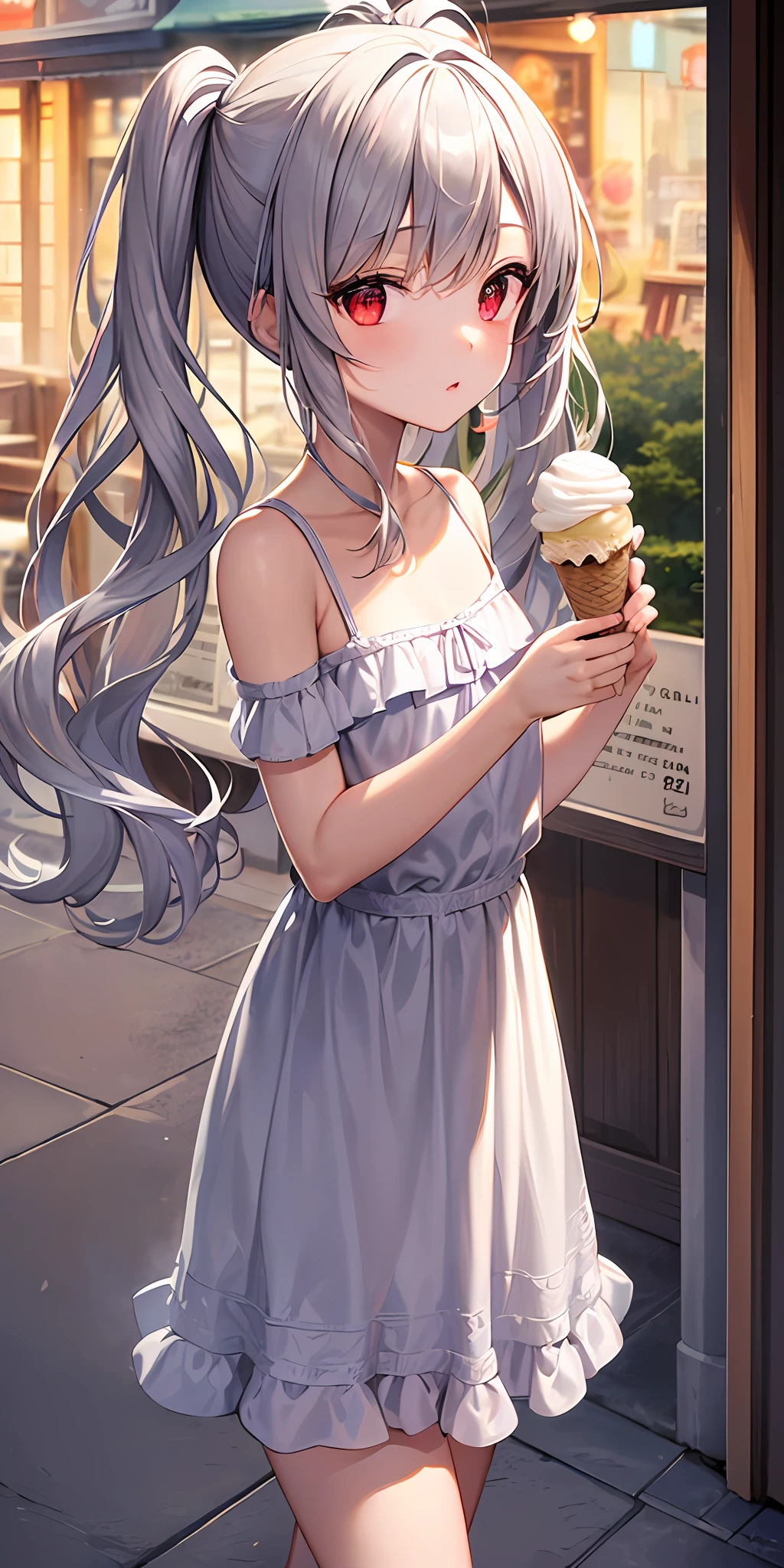 ((masterpiece)), (((best quality))), ((ultra-detailed)), ((illustration)), ((disheveled hair)),((solo)),1girl, solo,loli,red eyes,small chest,silver hair,long twintails hair,casual outfit,cafe outdoor,noon,holding ice cream,
