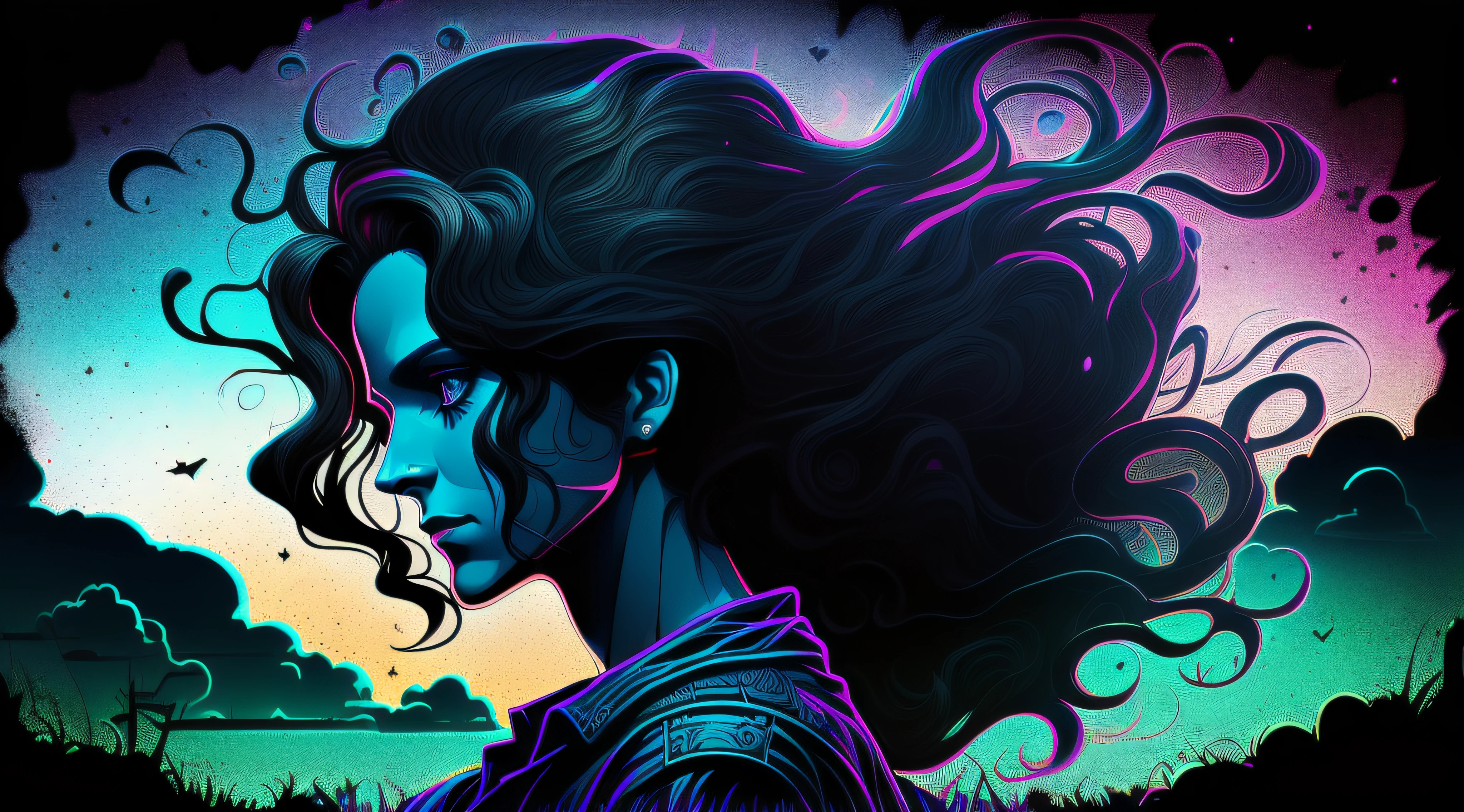 (dark hairs:1.2)|(cabelos pretos:1.2)|(messy hair:1.1),(Mulher linda de frente:1.5),nuvens escuras:0.6,Magic:1.2,Synthwave:1.2