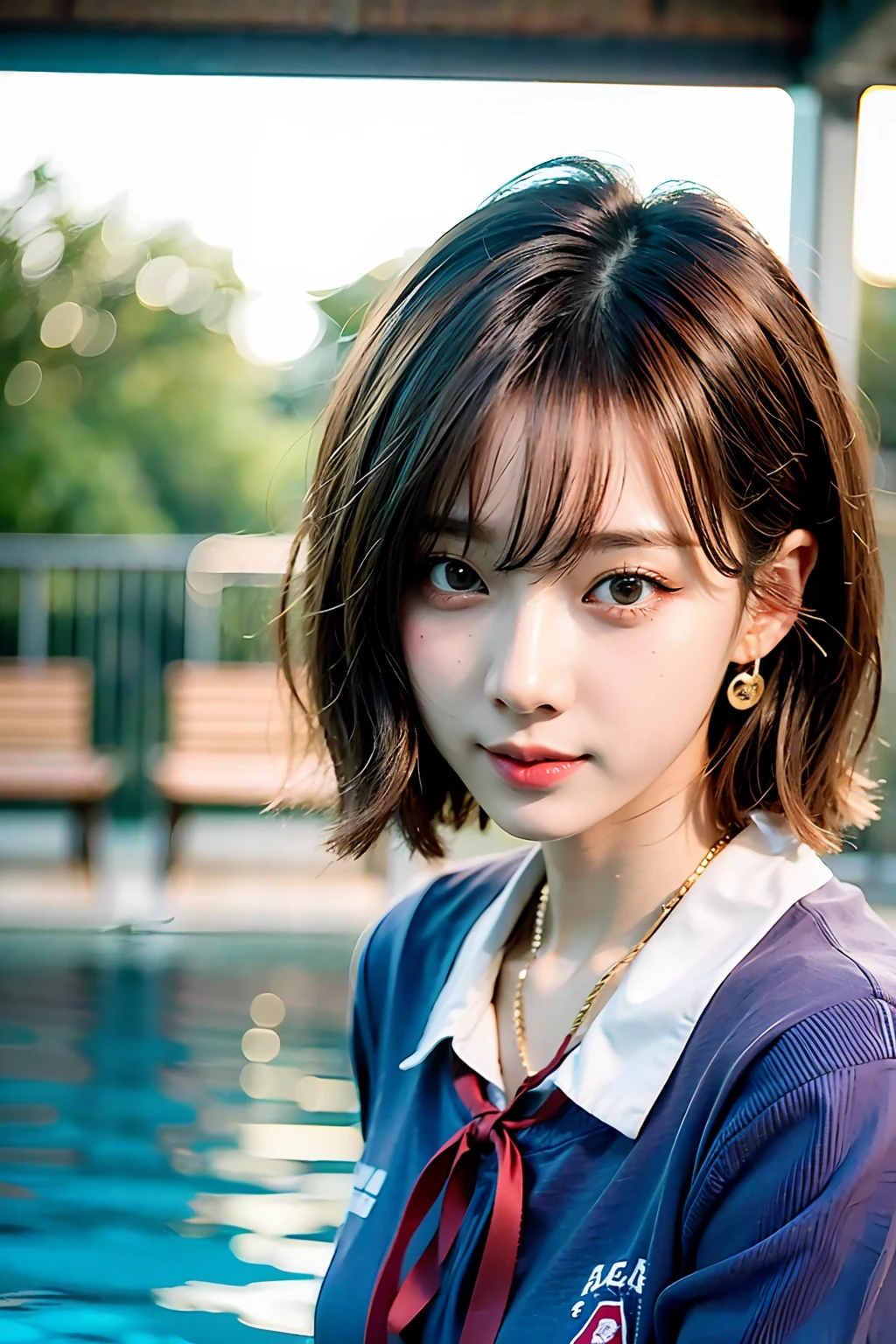 Korean school uniform, school uniform shirt, ribbon, skirt, bright brown hair, school poolside, poolside bench, 8K RAW photo, high resolution, cool Korean at 16 years old, big round breasts, beautiful eyes in every detail, long eyelashes, beautiful double eyelids, slit eyes, elongated eye shape, sanpaku eyes, duck mouth, evil smile, evil look, beautiful very thin legs, beautiful very thin thighs, random short hair, hair tied behind the head, earrings, necklaces,