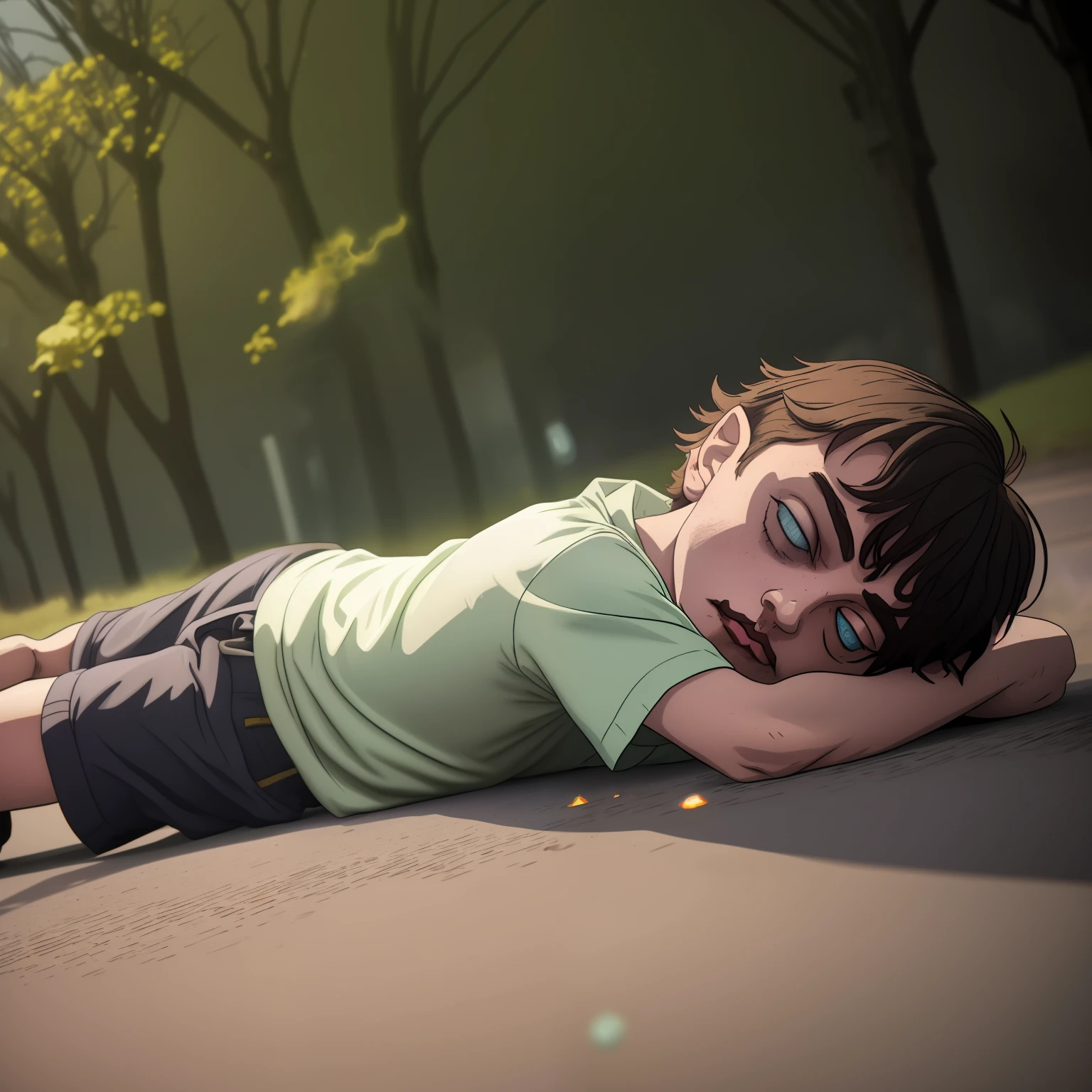A boy lies on the ground with his arms crossed, Lying on the streets of the city, The bubble is eerie and scary, Out-of-body and out-of-body eerie atmosphere