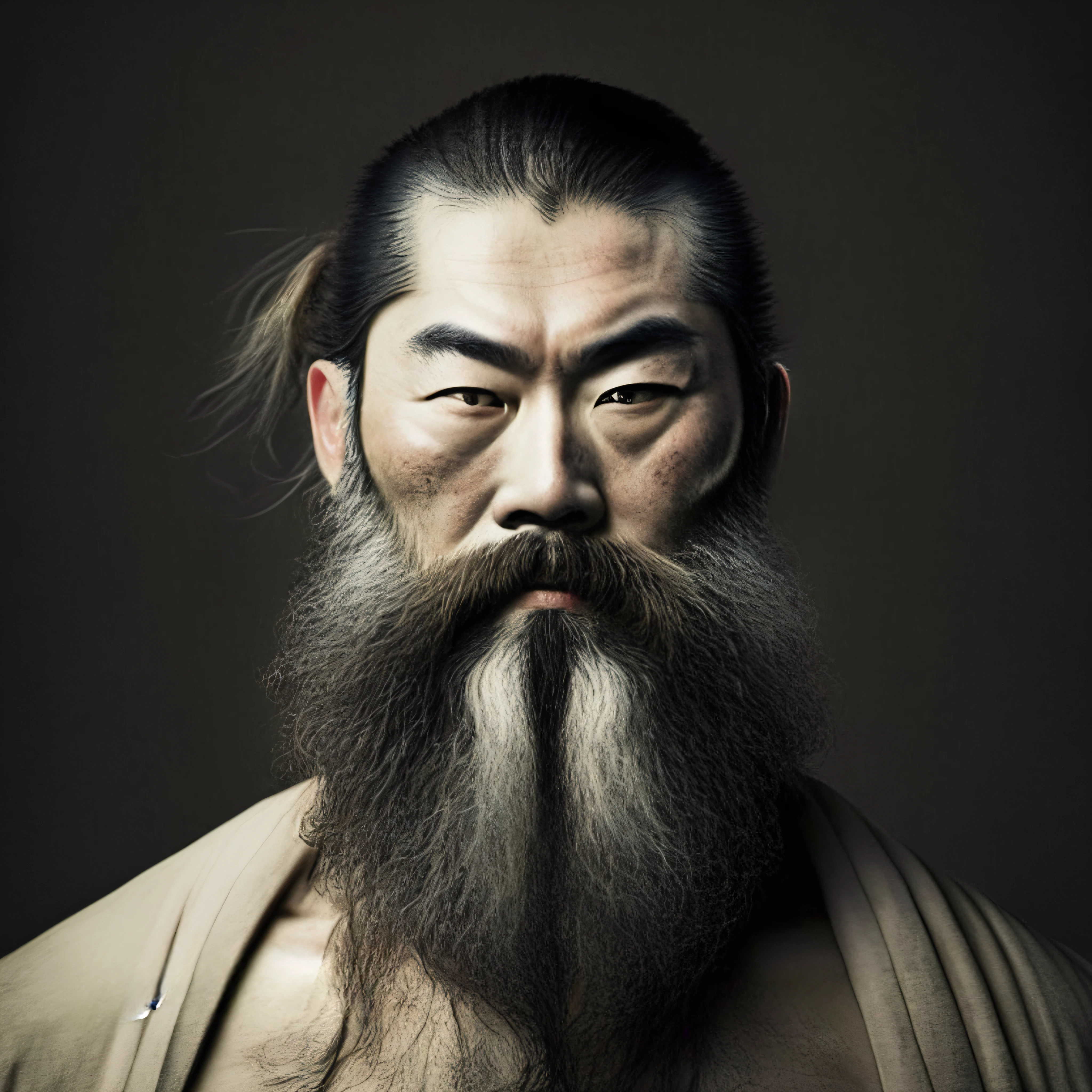 arafed man with a long beard and a long beard, samurai portrait photo, front facing portrait of samurai, korean artist, samurai portrait, portrait of a samurai, dramatic portraiture of uuen, by Shen Quan, by Liang Kai, inspired by Kanō Naizen, portrait of a samurai warrior, taoist master, inspired by Wu Daozi