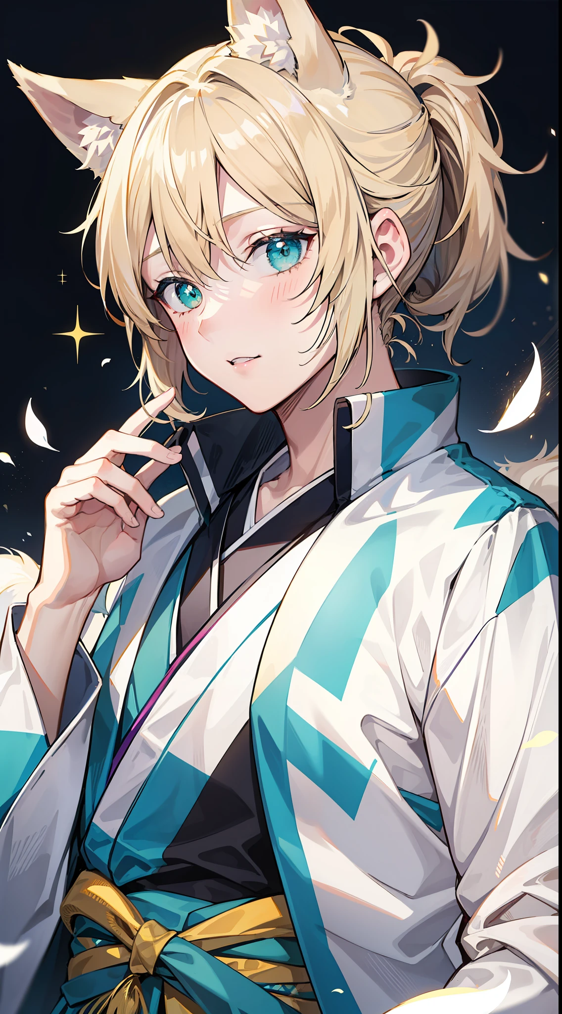 adult man, light blonde hair, low ponytail, white fox ears, white fox tail, Cyan eyes, kimono, Masterpiece, hiquality