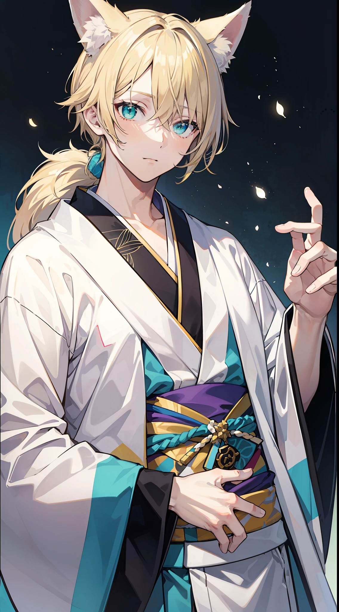 adult man, light blonde hair, low ponytail, white fox ears, white fox tail, Cyan eyes, kimono, Masterpiece, hiquality