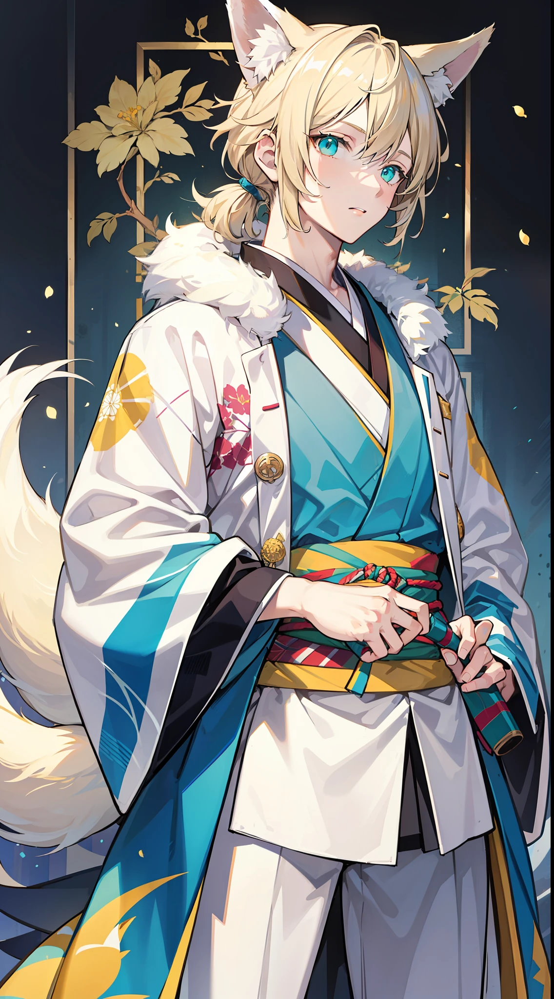 adult man, light blonde hair, low ponytail, white fox ears, white fox tail, Cyan eyes, kimono, Masterpiece, hiquality