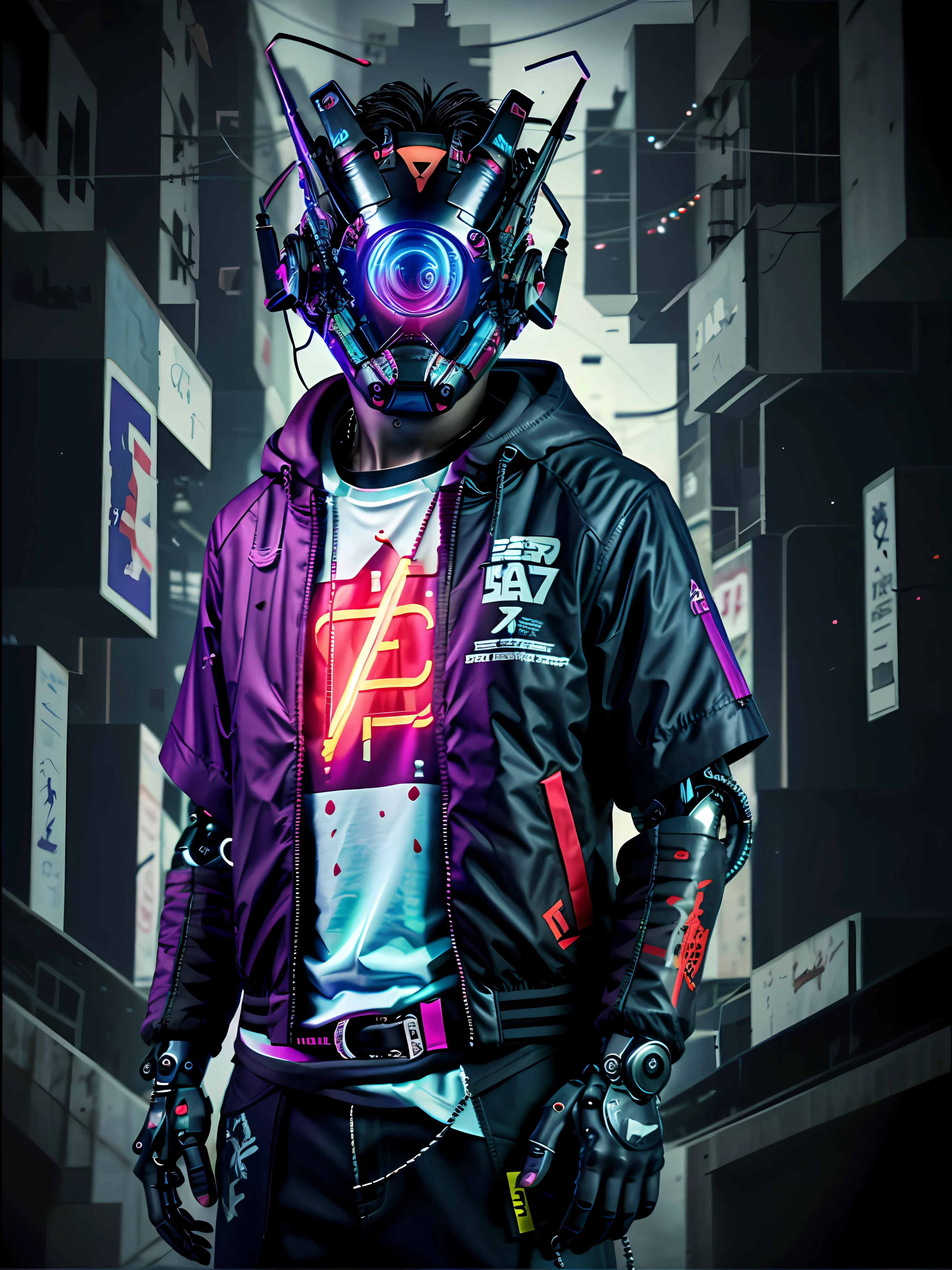 A close-up of a psychotic man in a cyberpunk jacket, with cybernetic implants and a gun. The style must be futuristic and technological, Like you're in a dystopian sci-fi world. Lighting should be dark with cybernetic and neon tones. El hombre debe tener un aspecto despiadado y peligroso, con una mirada fija y amenazante en sus ojos.