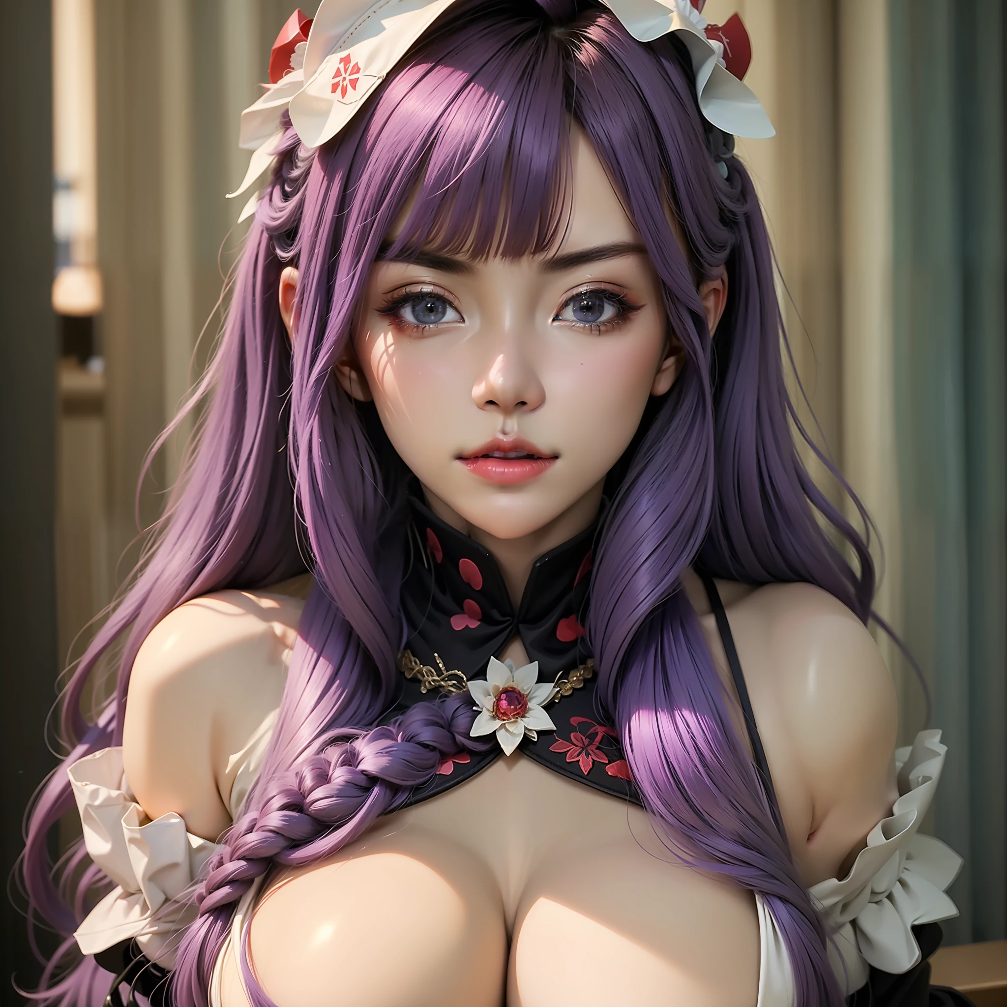 Purple hair, maid headdress, long eyelasher, Shy, Blush, modern, Ray tracing, color difference, , The upper part of the body, huge tit, Cold white skin, hyper HD, 8K, A high resolution,Real Human