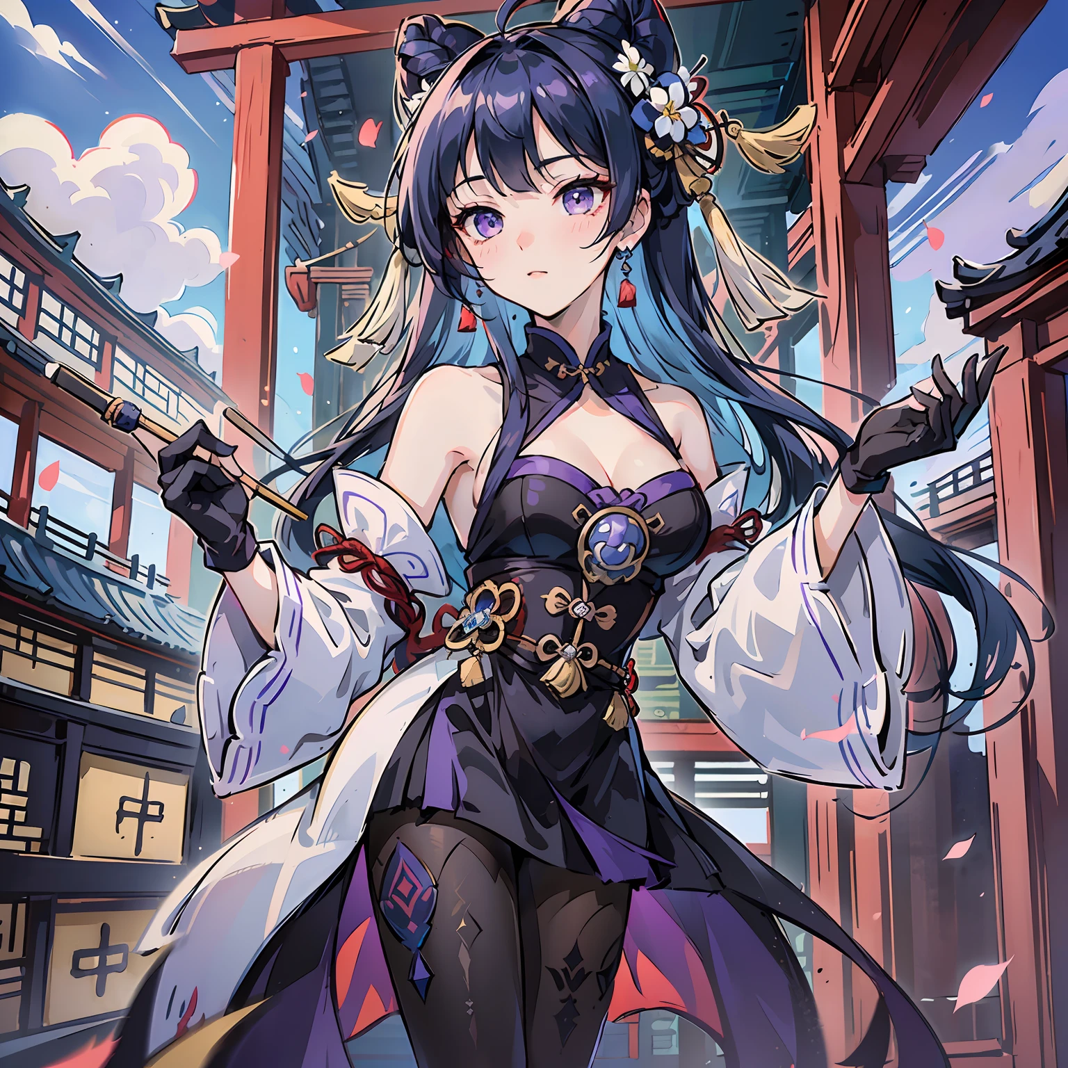 ganyu\(genshin impact\), 1girl, ahoge, architecture, bangs, bare shoulders, bell, black gloves, black tights, ((blue hair)), blush, breasts, chinese knot, sleeve, East Asian architecture, flower knot, gloves, horn, long hair, looking at the audience, mid-chest, neckbell, night, outdoor, pantyhose, purple eyes, sideburns, solo, tassels, white sleeves, ((masterpiece)) --auto