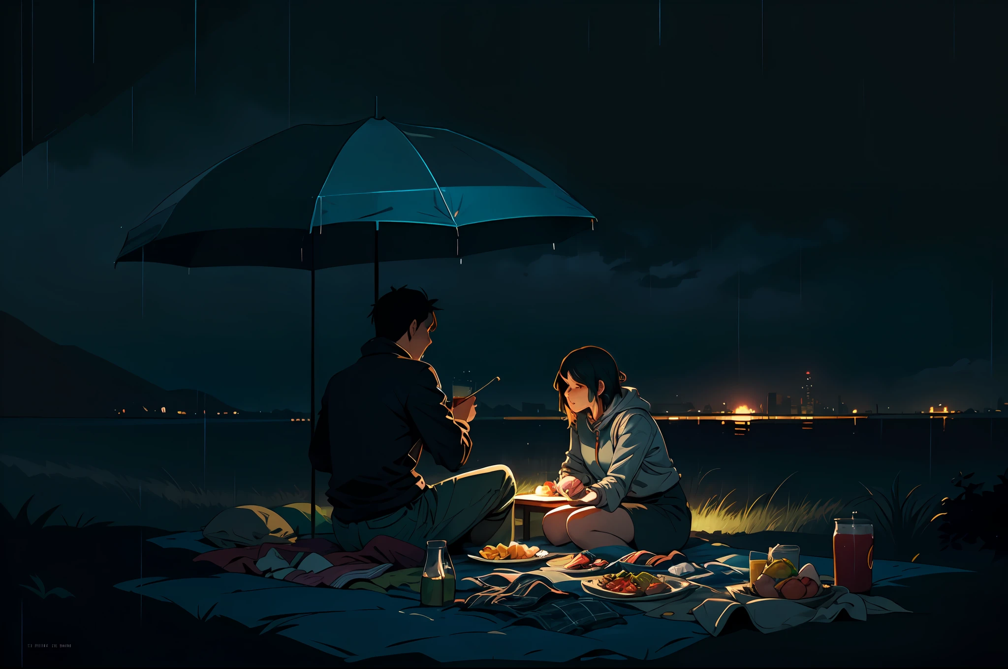 midnight picnic in the rain, dynamic lighting, high contrast, two tone lighting