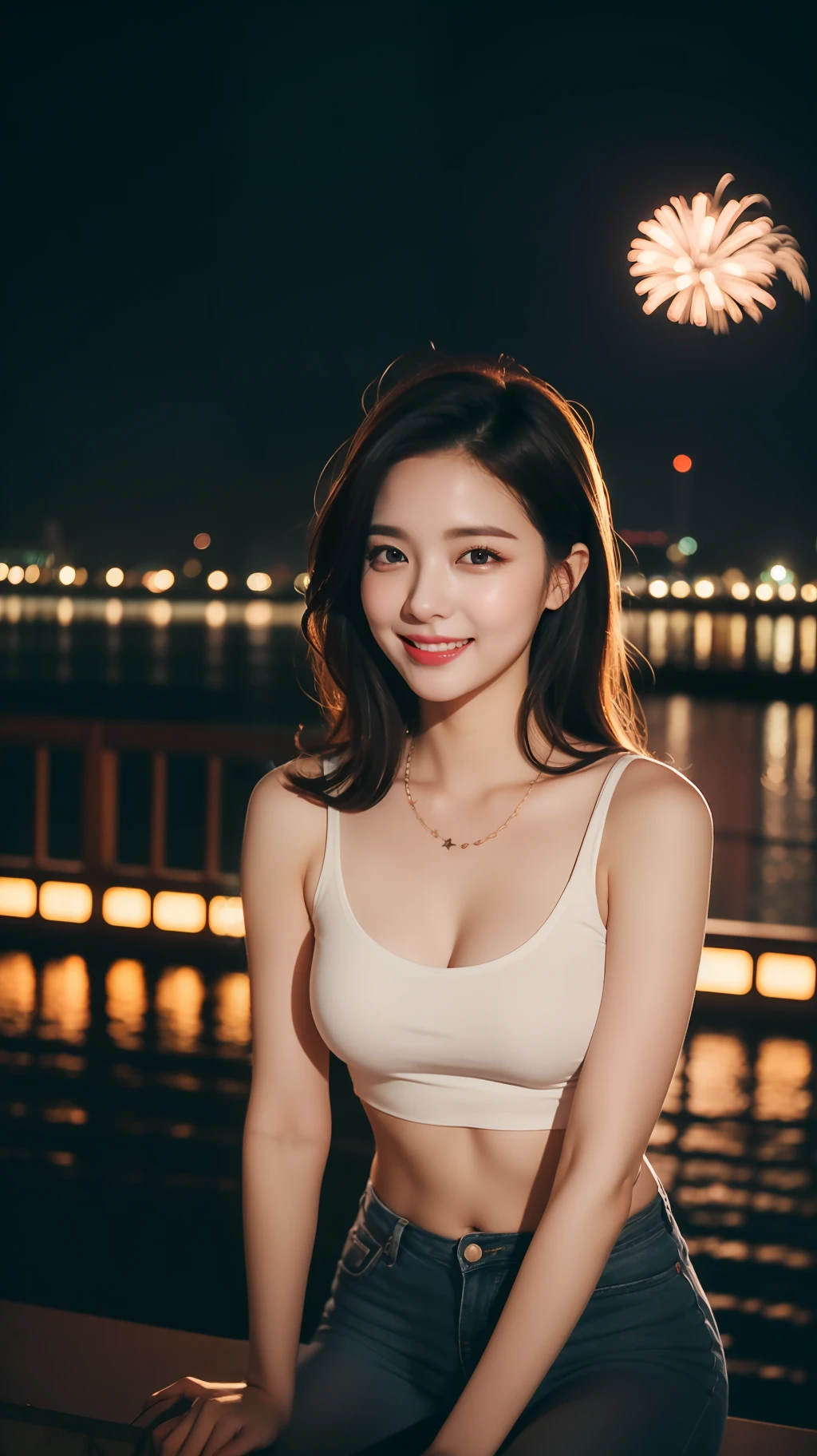 realistic photos of (1 cute Korean star) tied hair, thin makeup, medium breasts size, slightly smile, tank top, sitting at river side, night, fireworks is backdrop, cowboy shot, Nikon, f/1.2, 35mm, cinematic lighting, motion blur, UHD, high quality, 16k