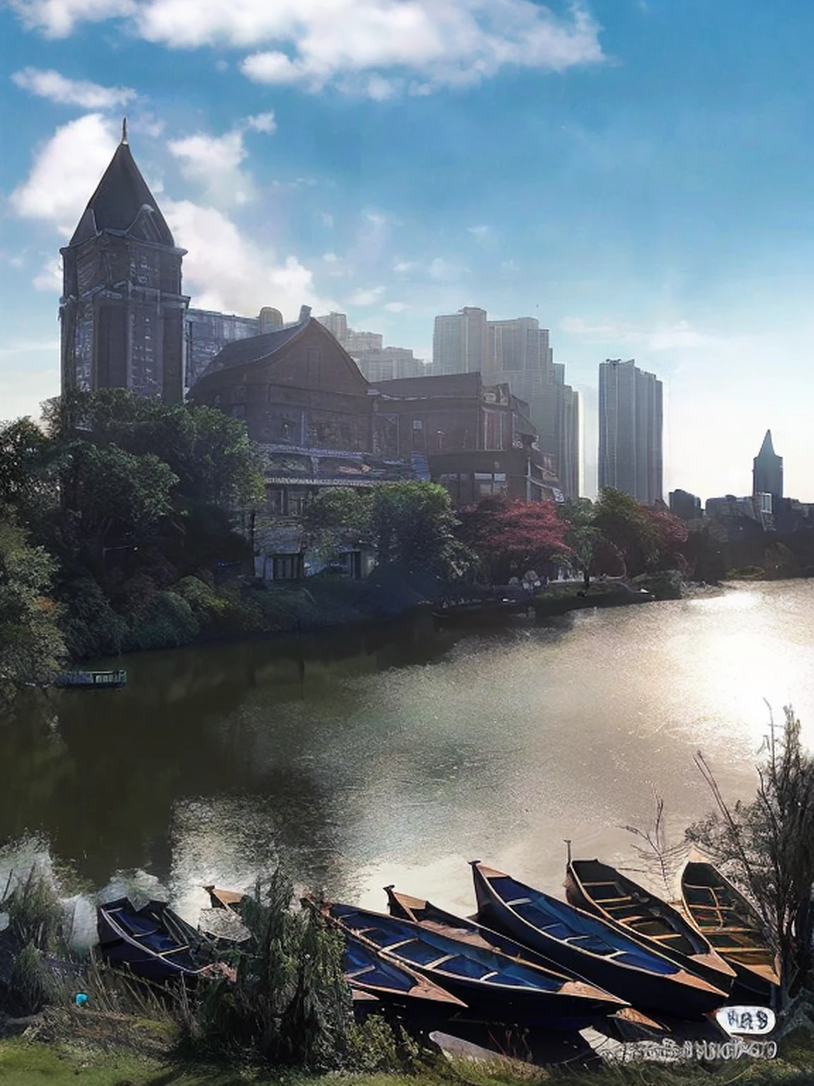 Boats line up on the shore of the lake in front of the city, building along a river, screengrab, by Ni Yuanlu, from the distance, On a sunny day, beautiful fine sky, looking partly to the left, full - view, around the city, wide wide shot，Building strengthening，k hd，the detail