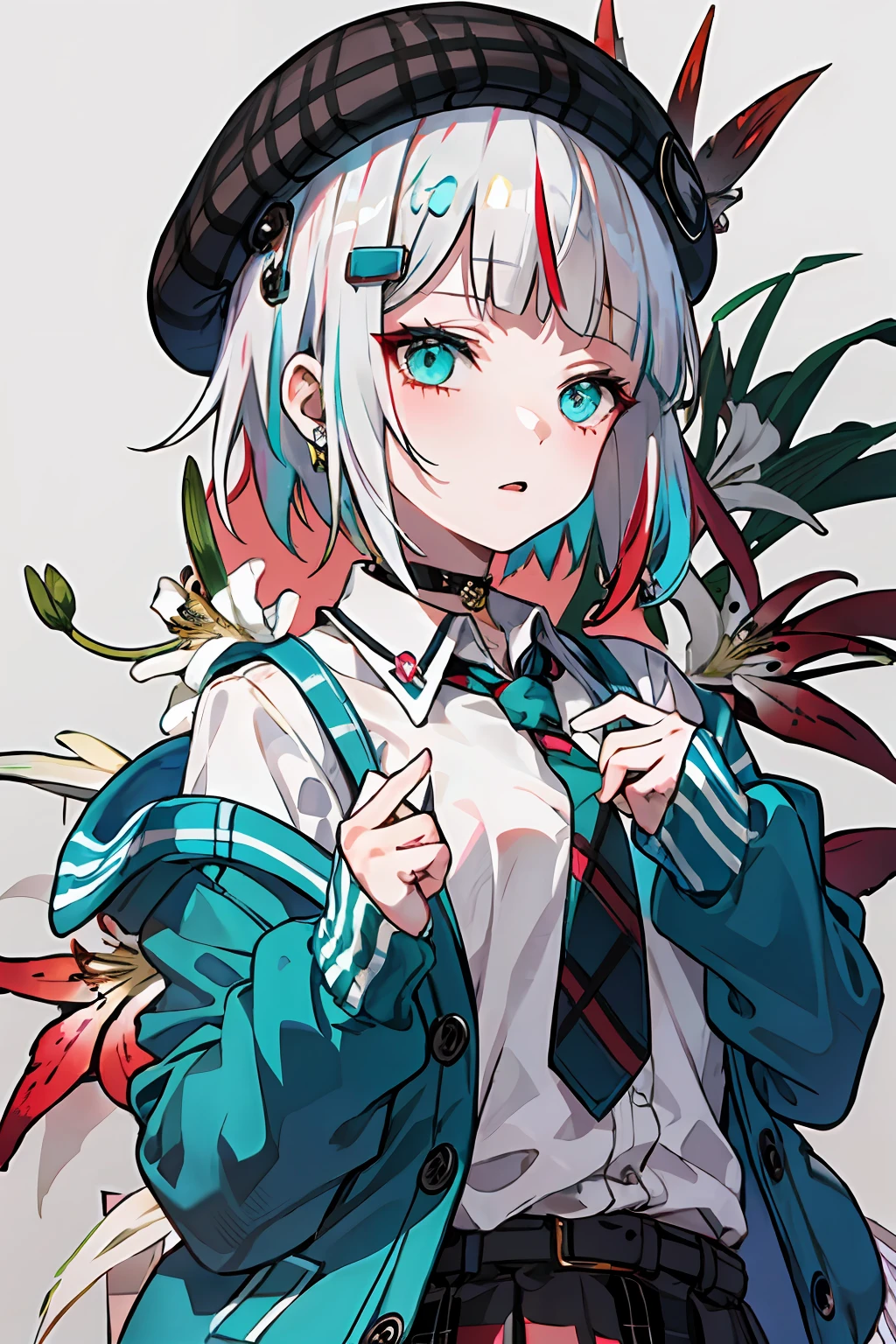 best quality, masterpiece, 1girl, solo, red gradient streaked hair, short hair, white hair, lily (wacca), black beret, plaid skirt, choker, cyan sweater jacket, collared shirt, black plaid necktie, sleeves past fingers, blunt bangs