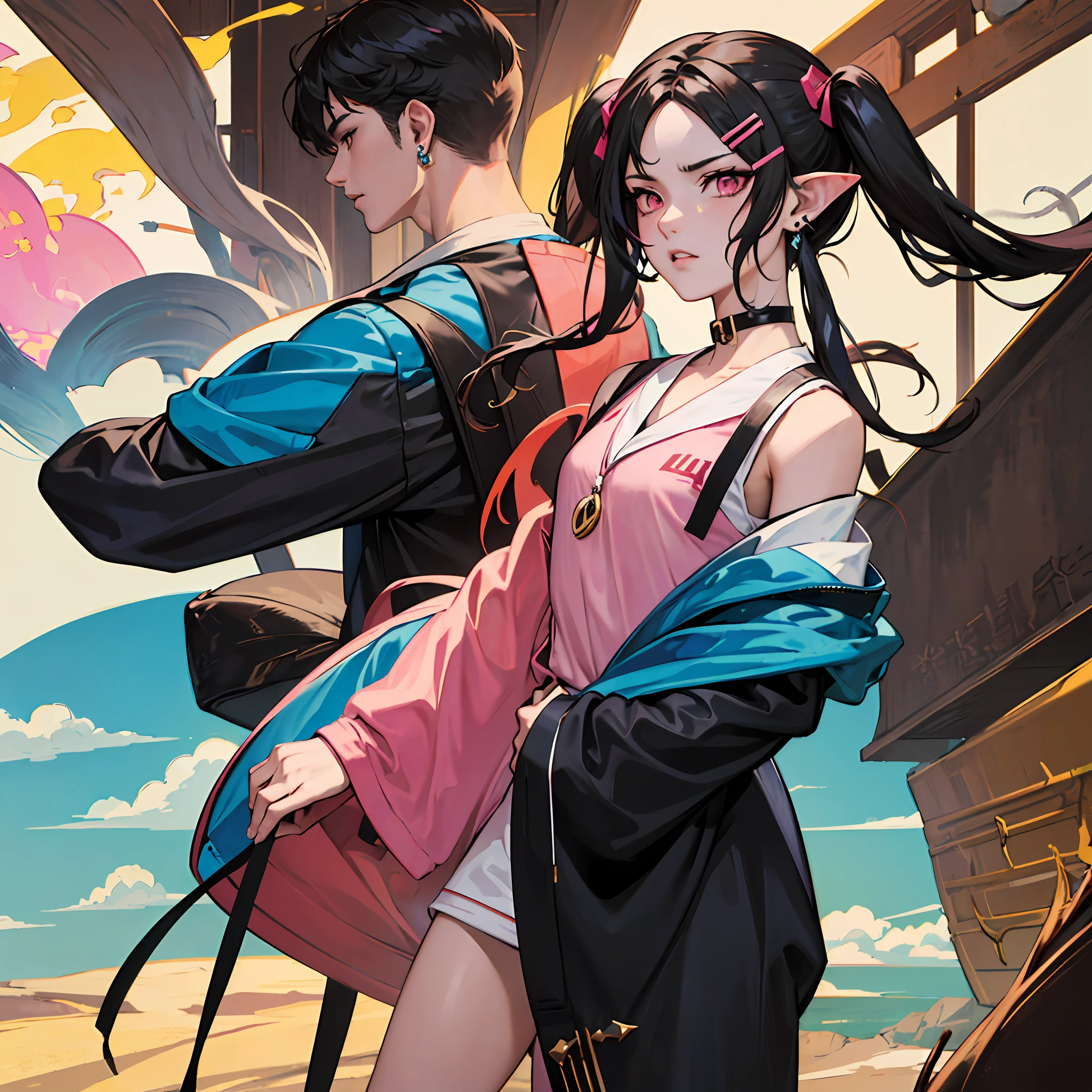 black hair, gradient hair, twintails, hairclip, pink eyes, long pointy ears, earrings, angry, Surrealism, anime, anime, Genre painting, anime style, ray tracing, 8k, super detail, UHD, UHD, highres --auto