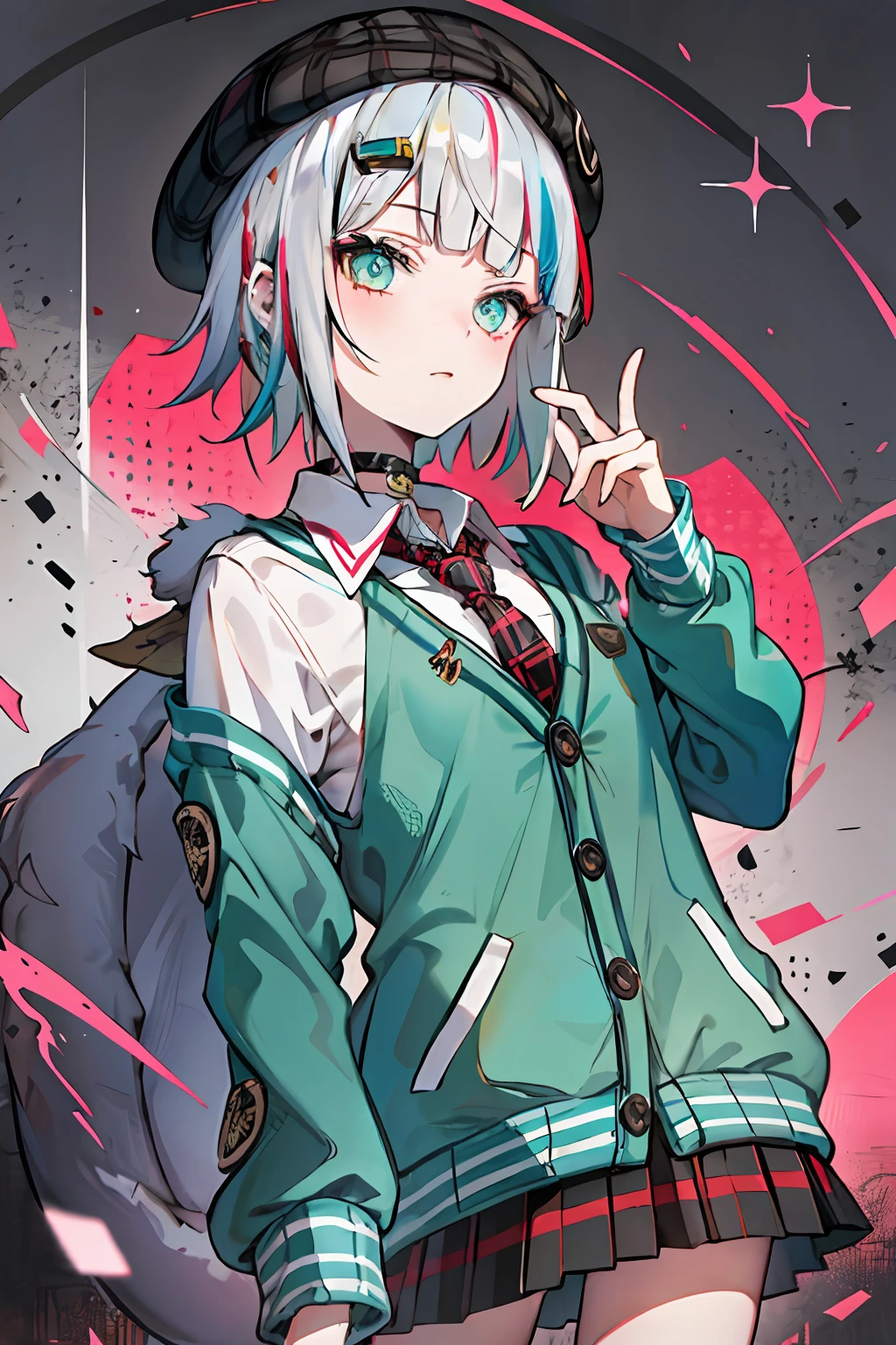 best quality, masterpiece, 1girl, solo,  red gradient streaked hair, short hair, white hair, lily (wacca), black beret, plaid skirt, choker, cyan sweater jacket, collared shirt, black plaid necktie, sleeves past fingers, blunt bangs