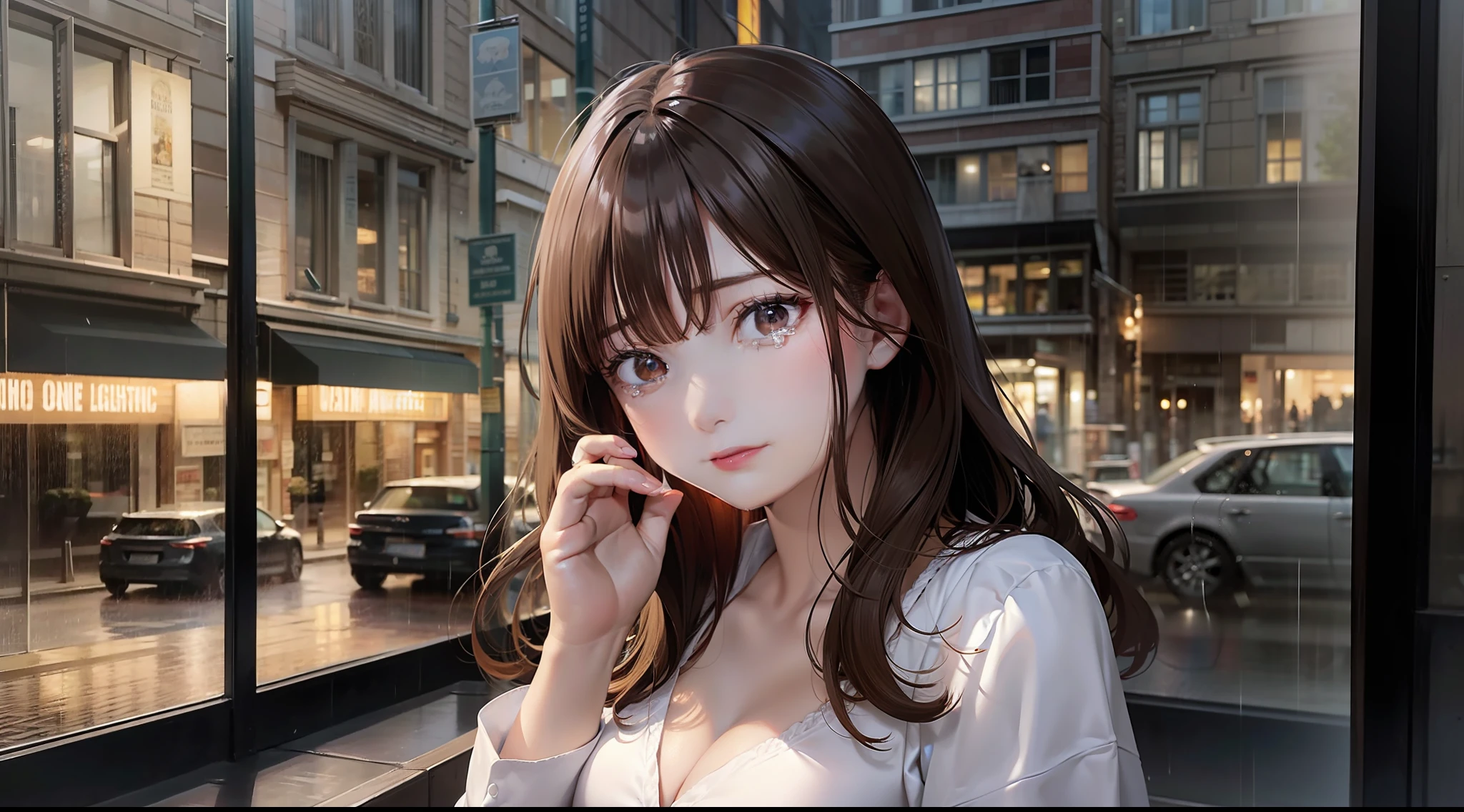 (8K, Best quality, Masterpiece:1.2), Super detailed, One girl,Cute, Solo,,Beautiful Woman with Perfect Style: 1.4,((Dark brown hair, Big:1.2)), Very detailed face and skin texture, Detailed eyes, Double eyelids, cleavage, Light clothing, realistic and photogenic image quality, late night diner, America, wistful beautiful girl, Stand outside, feeling heartache, Trying to hold a glass of whiskey, liquor, Bar, rain, view of city from café window, deep in the night, Night, dark outside, Dim, the street lights, rain, window glass wet, lonely country town, old america, Countryside, eyes out the window, not looking at the front, Looking out the window, Sad expression, Countryside, tears spilling out, pulling composition, Wooden