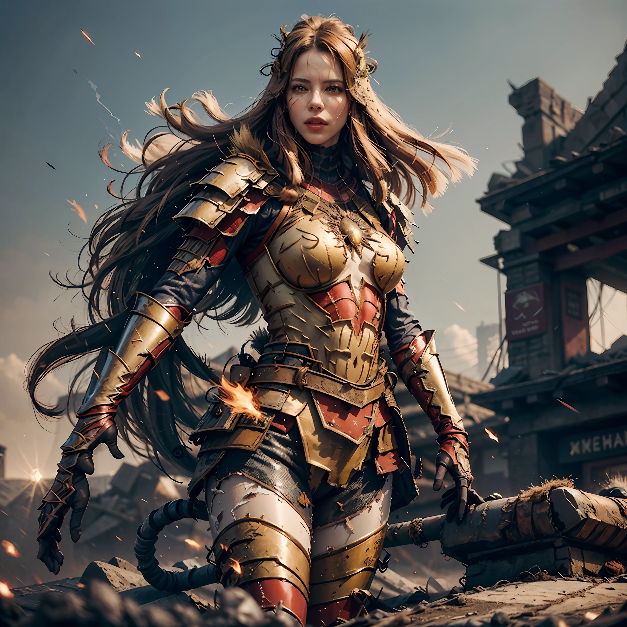 Kate Beckinsale wearing detailed brown Spiderman costume, big breasts, superhero pose, standing in ruined city at sunset, super detailed, smoke, sparks, sunlight, (8k), realistic, symmetrical, repeated award winning, cinematic lightning, drenched, film, 75mm, scratched, full body, closeup, tattered clothes, detailed face, --auto