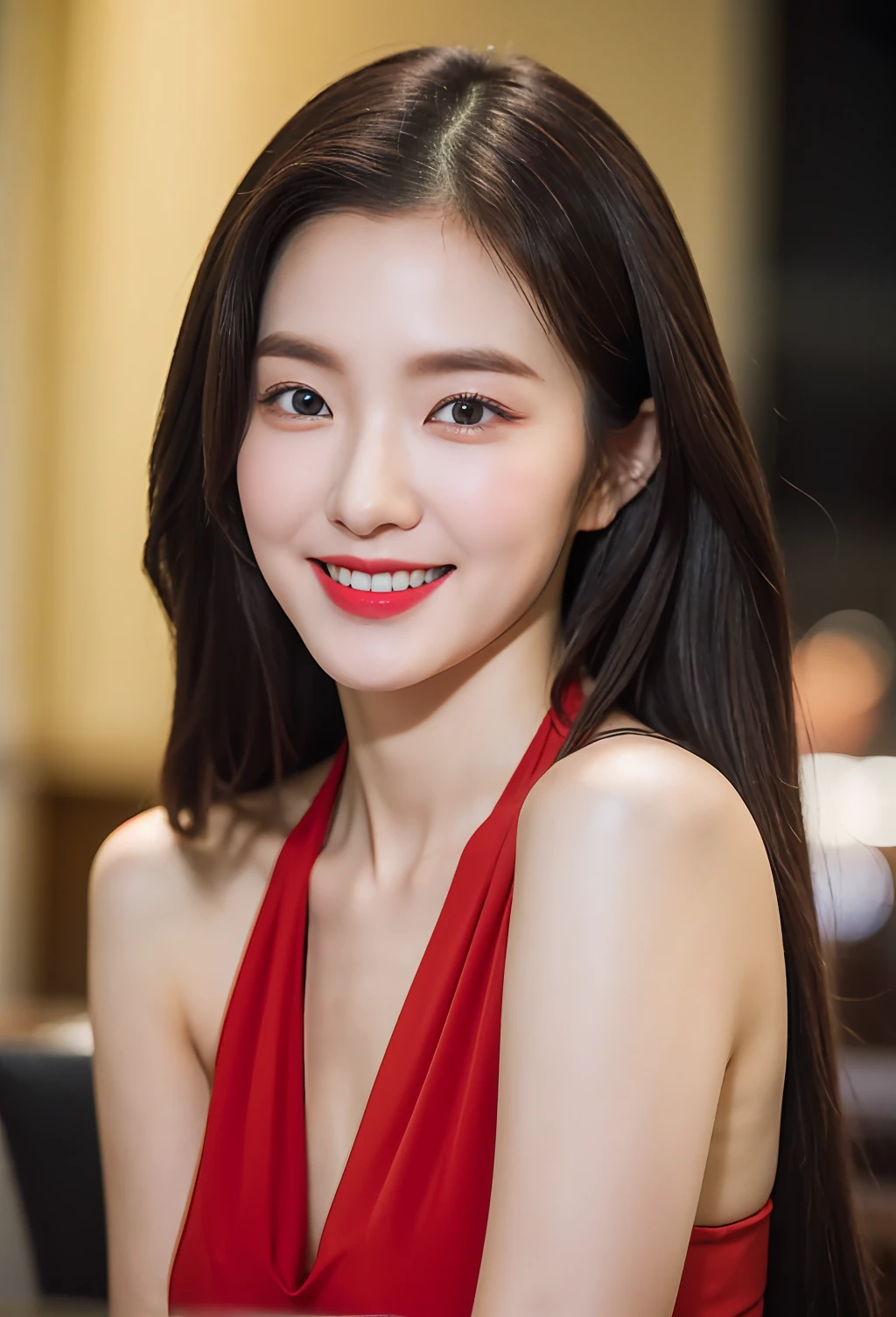 (8k, Best Quality, Masterpiece: 1.2), (Realistic, Realistic: 1.37), Super Detail, 1 Girl, Cute, Single, Midnight, Exquisite Sky, Detailed Cafe, Sitting, Dating, ( red nose), (smile: 1.15), (shut up) small breasts, pretty eyes, flowing hair novaFrogStyle, halter top