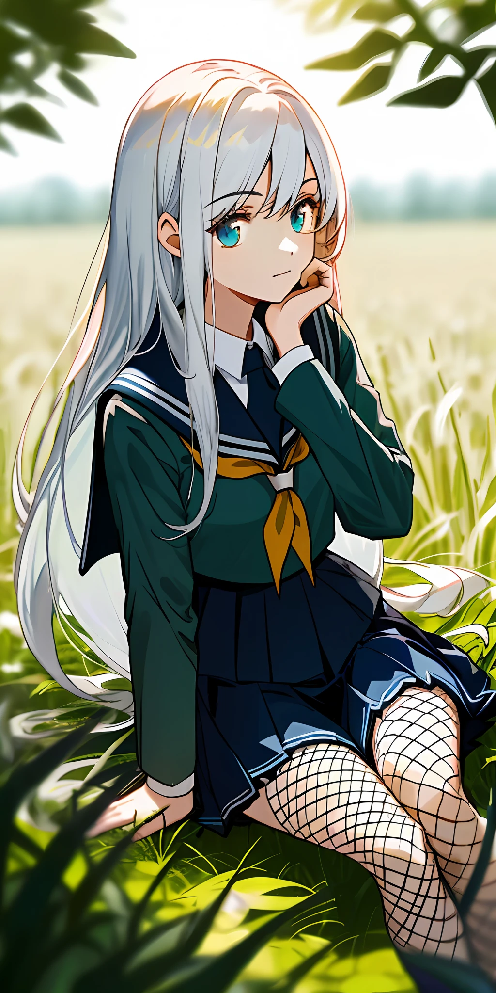 (tmasterpiece,best qualtiy),1 girl with long white hair sitting in a field of greenery and flowers,her hand under her chin,warmly lit,JK school uniform,fishnet stockings,Blurred foreground