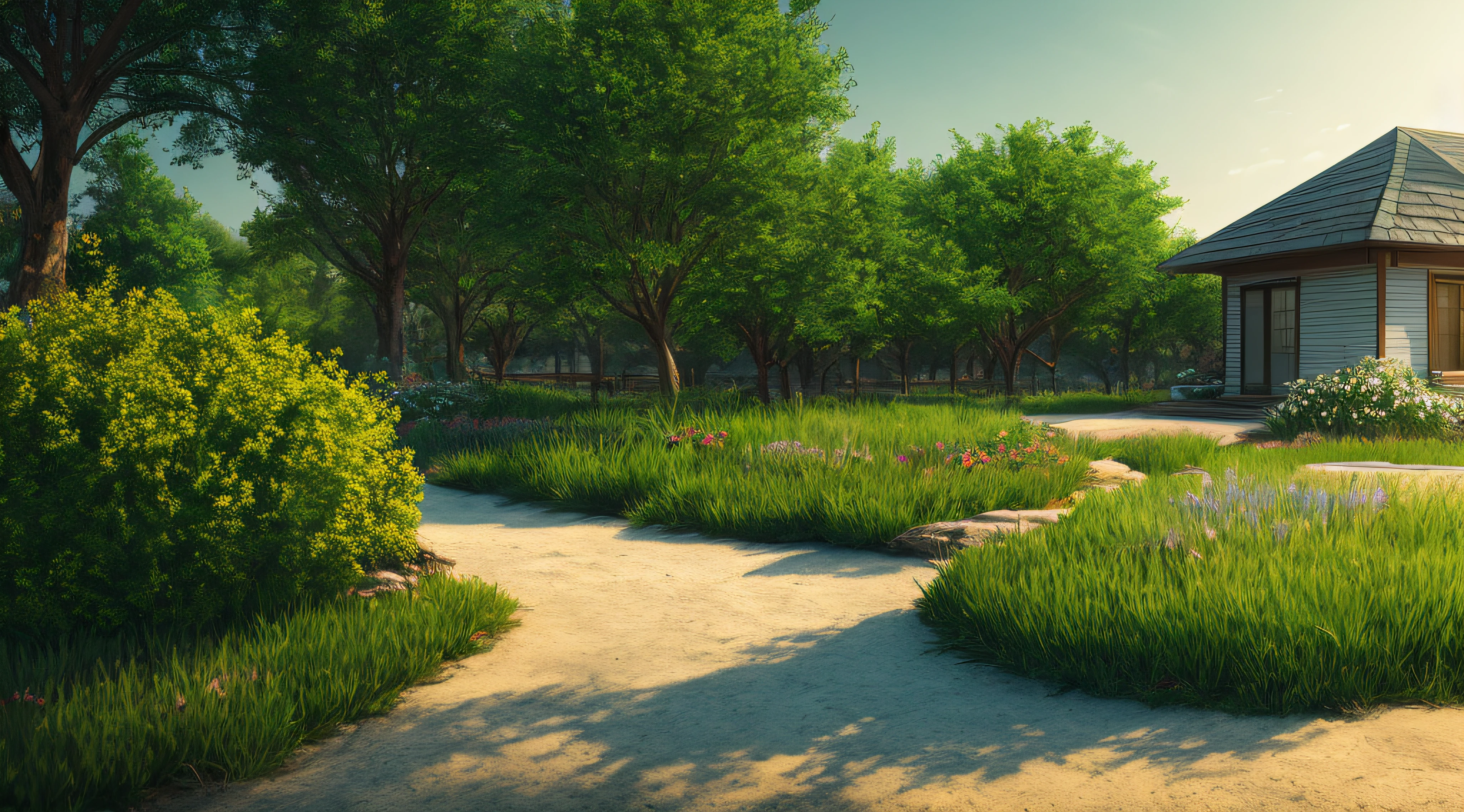 A serene place, very pleasant, beautiful, calm and beautifully landscaped. photorealistic, 8k uhd, studio quality, ultra realistic, maximum detail, large scale, postprocessing, photorealistic, photorealistic, photoshop, photography, detailed, cinematic lighting, landscape, panorama, scenery, ray tracing, cinema4d