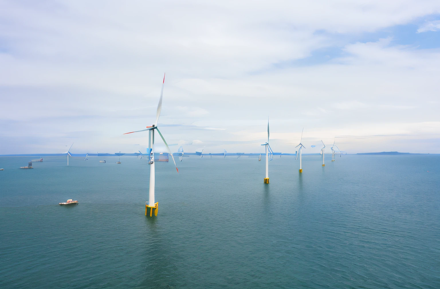 Arafid windmills in the ocean with boats in the water, turbines, Offshore wind, the photo shows a large, Wind turbines, Light wind, windmills, floating power cables, renewable energy, immense power, ports, high quality image”,