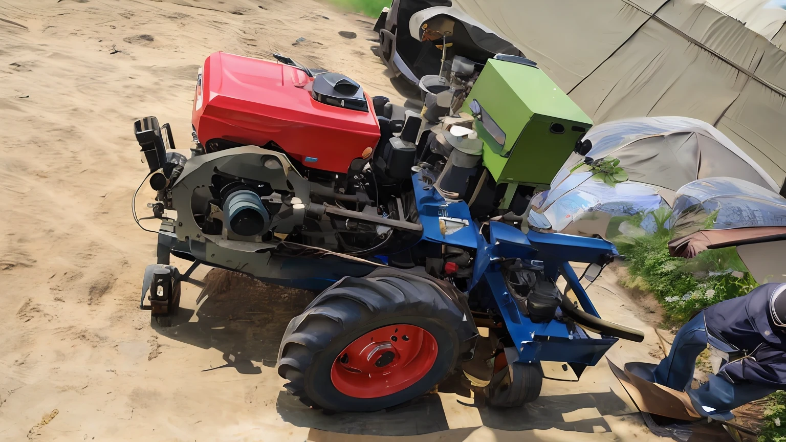 There was a man standing next to the tractor, portable generator, Cultivator, digital photograph, 200 mm, 2 0 0 mm, 200mm, high quality product image”, 150mm, 1 5 0 mm, 150 mm, 1 2 0 mm, 120mm, digital photograph, diesel engine, half machine