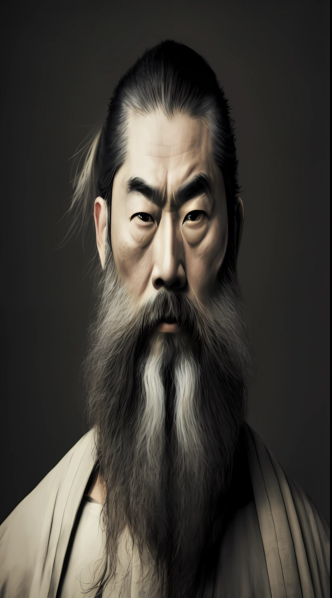 arafed man with a long beard and a long beard, samurai portrait photo, front facing portrait of samurai, korean artist, samurai portrait, portrait of a samurai, dramatic portraiture of uuen, by Shen Quan, by Liang Kai, inspired by Kanō Naizen, portrait of a samurai warrior, taoist master, inspired by Wu Daozi