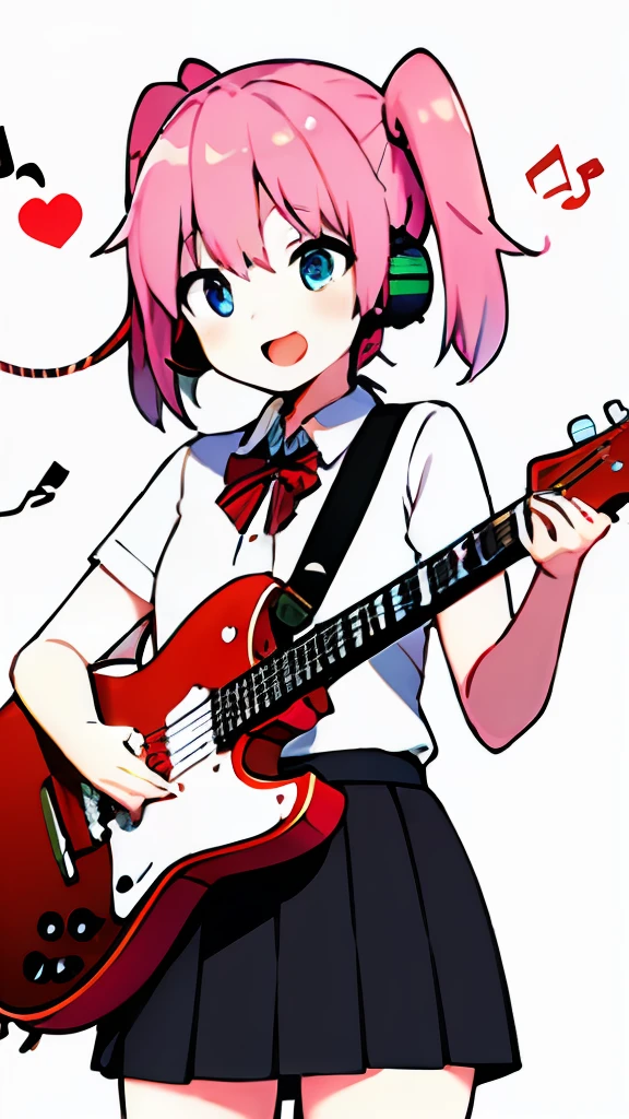 ((masterpiece, best quality)), 1girl, solo, black skirt, blue eyes, electric guitar, guitar, headphones, holding, holding plectrum, instrument, long hair,, music, one side up, pink hair, playing guitar, 褶皱裙子，黑色衬衫，室内