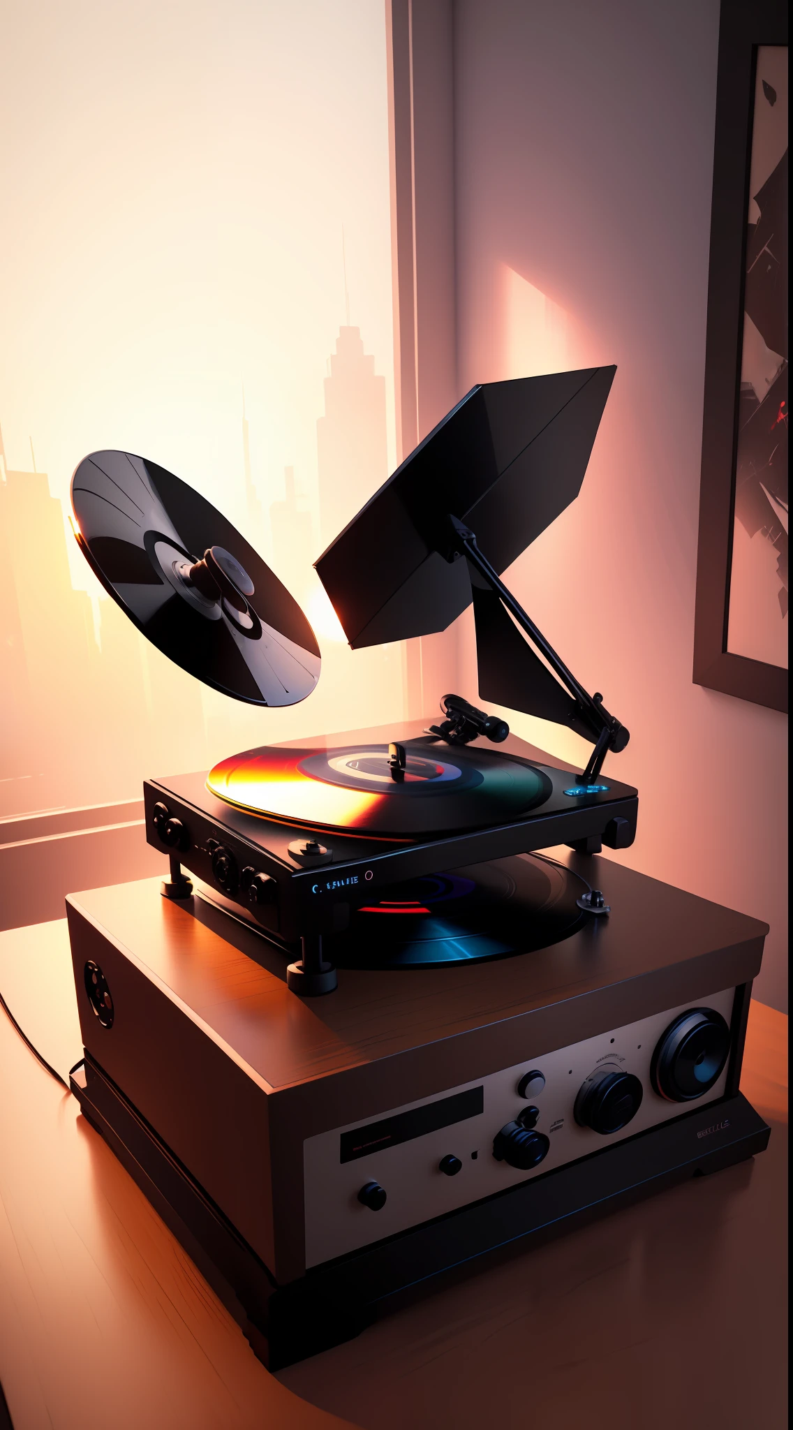 The record player sits on top of a record on a table, lofi artstyle, 3 d render beeple, lofi art, Blurry and dreamy painting, background artwork, style of : Beeple's Hybrid Mix, Dreamy atmosphere, Beeple Rendering, Works by James Gilead, Beeple |, realism | Beeple, beeple style