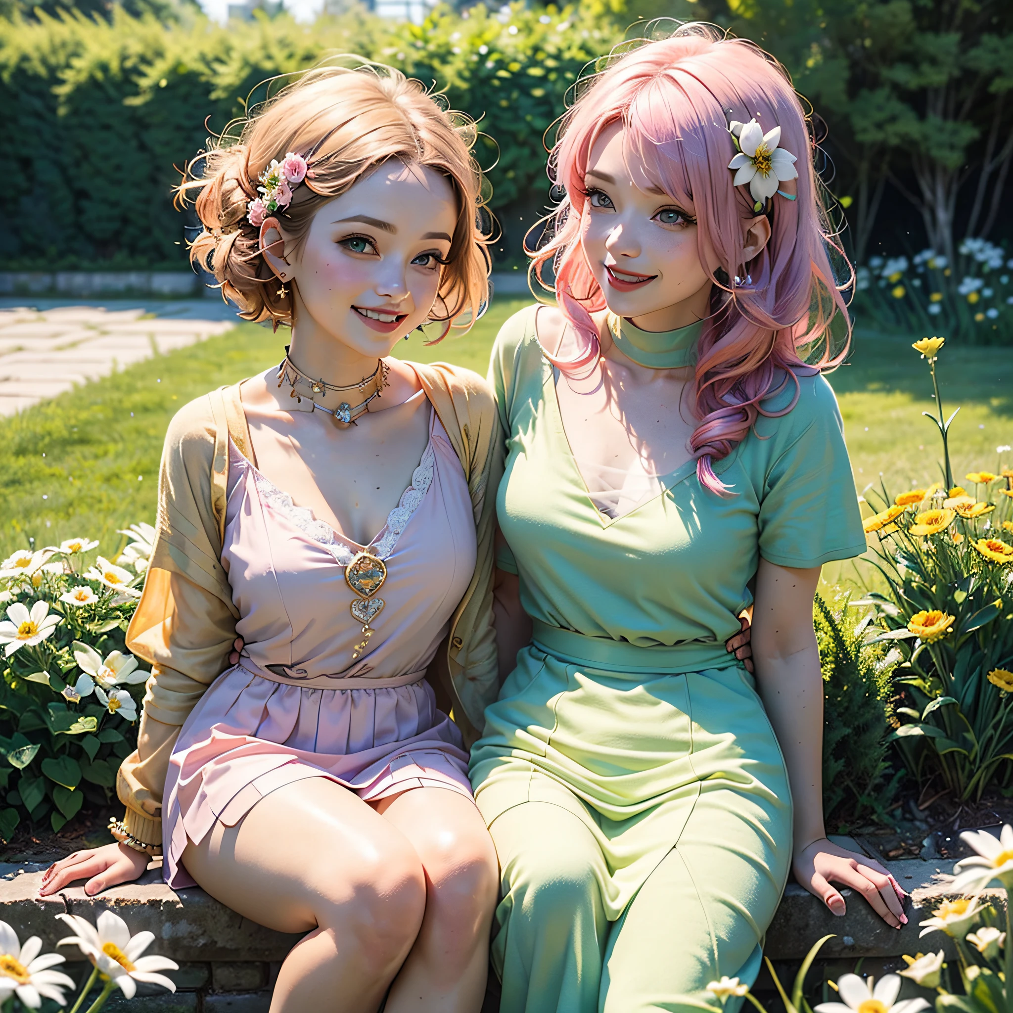 ((cute-style+Court style:0.7+summery vibe:0.8),Bust,Beautiful and moving girl,Have a sweet smile,Pink lips tender and dignified,Translucent hair,Sparkle with charming Kazilan eyes,Confident and charming,The cheerful atmosphere of sunshine,Back garden background,Warm and bright,Cute little grass flowers waiting to be appreciated),4k,Need