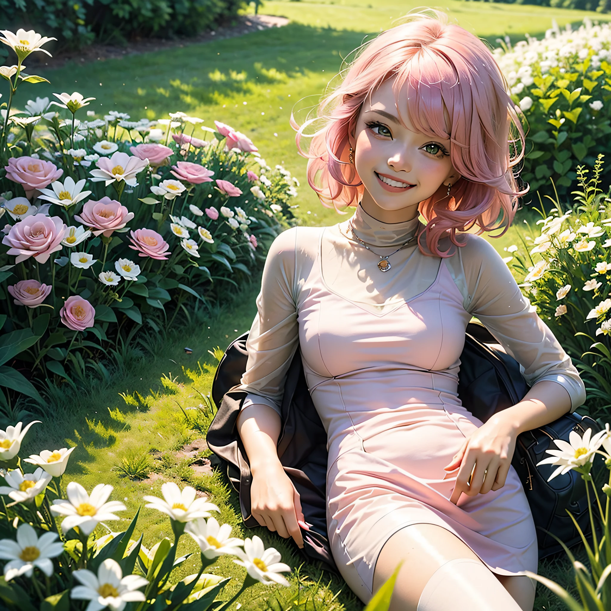 ((cute-style+Court style:0.7+summery vibe:0.8),Bust,Beautiful and moving girl,Have a sweet smile,Pink lips tender and dignified,Translucent hair,Sparkle with charming Kazilan eyes,Confident and charming,The cheerful atmosphere of sunshine,Back garden background,Warm and bright,Cute little grass flowers waiting to be appreciated),4k,Need