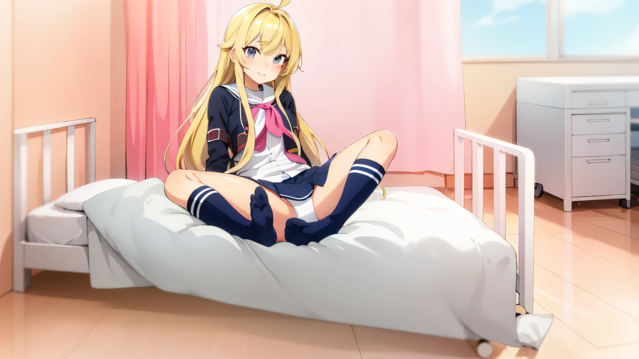 Anime girl sitting on bed in room with pink curtains, Anime Best Girl, Ecchi anime style, sitting on a bed, beautiful anime high school girl, Anime girl named Lucy, sitting on her bed, the anime girl is crouching, Cute anime girl, Sitting on the bed, blonde anime girl with long hair, pretty anime girl, (Anime Girl)