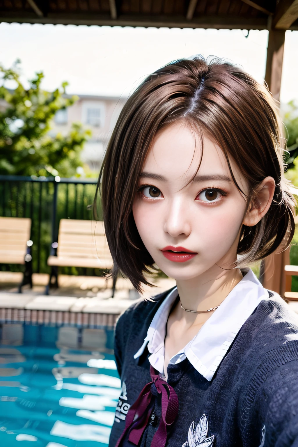 Korean school uniform, school uniform shirt, ribbon, skirt, bright brown hair, school poolside, poolside bench, 8K RAW photo, high resolution, cool Korean at 16 years old, big round breasts, beautiful eyes in every detail, long eyelashes, beautiful double eyelids, slit eyes, elongated eye shape, sanpaku eyes, duck mouth, evil smile, evil look, beautiful very thin legs, beautiful very thin thighs, random short hair, hair tied behind the head, earrings, necklaces,