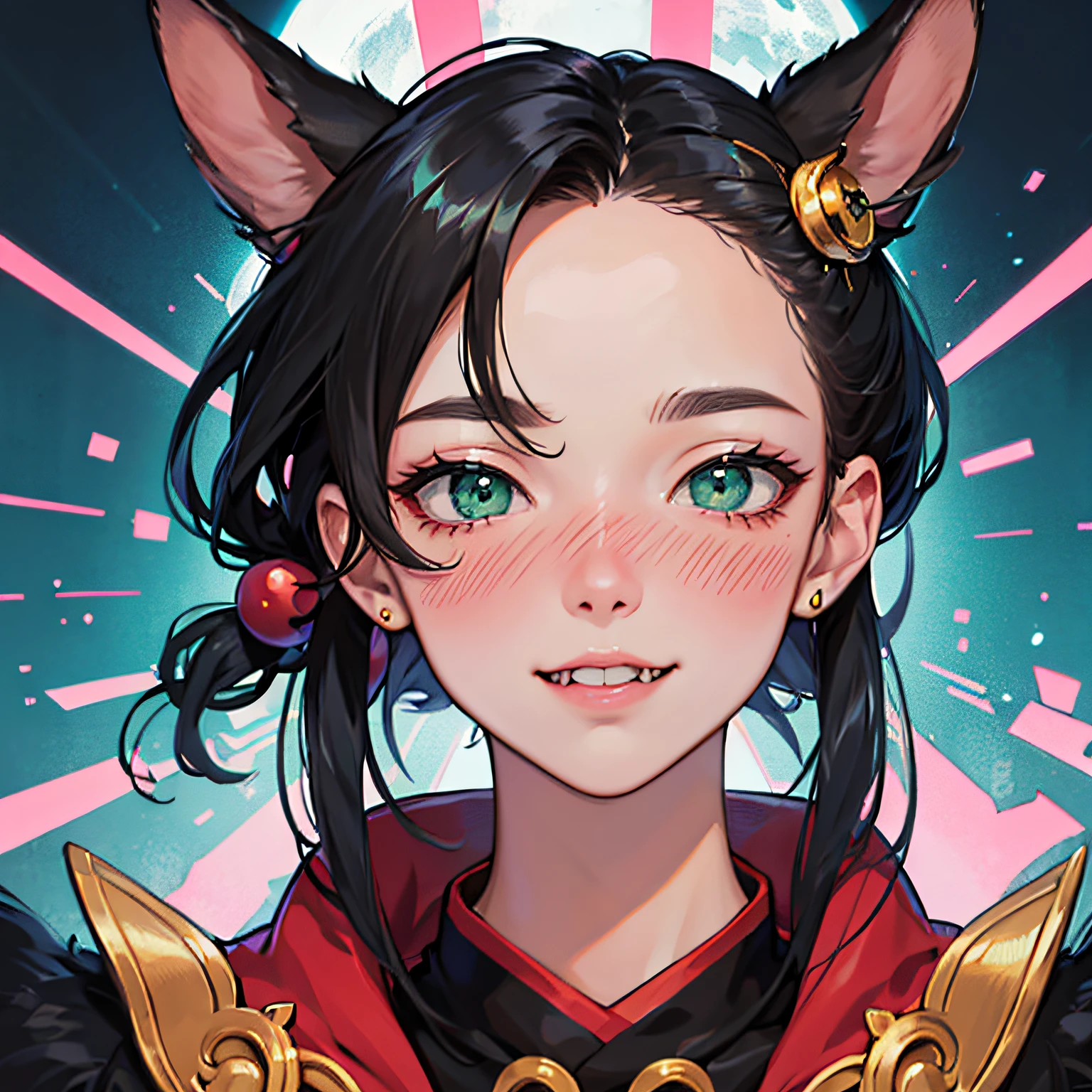 (4K,best qualtiy,A high resolution:1.2),Doggy,Transformers,background inside dark,Green eyes and black hair, hair bobbles, wince, longeyelashes, solid circle eyes, fake animal ears, light smile, ear blush, fang, Surrealism, drop shadow, anaglyph, stereogram, tachi-e, pov, atmospheric perspective, 8k, super detail, ccurate, best quality --auto