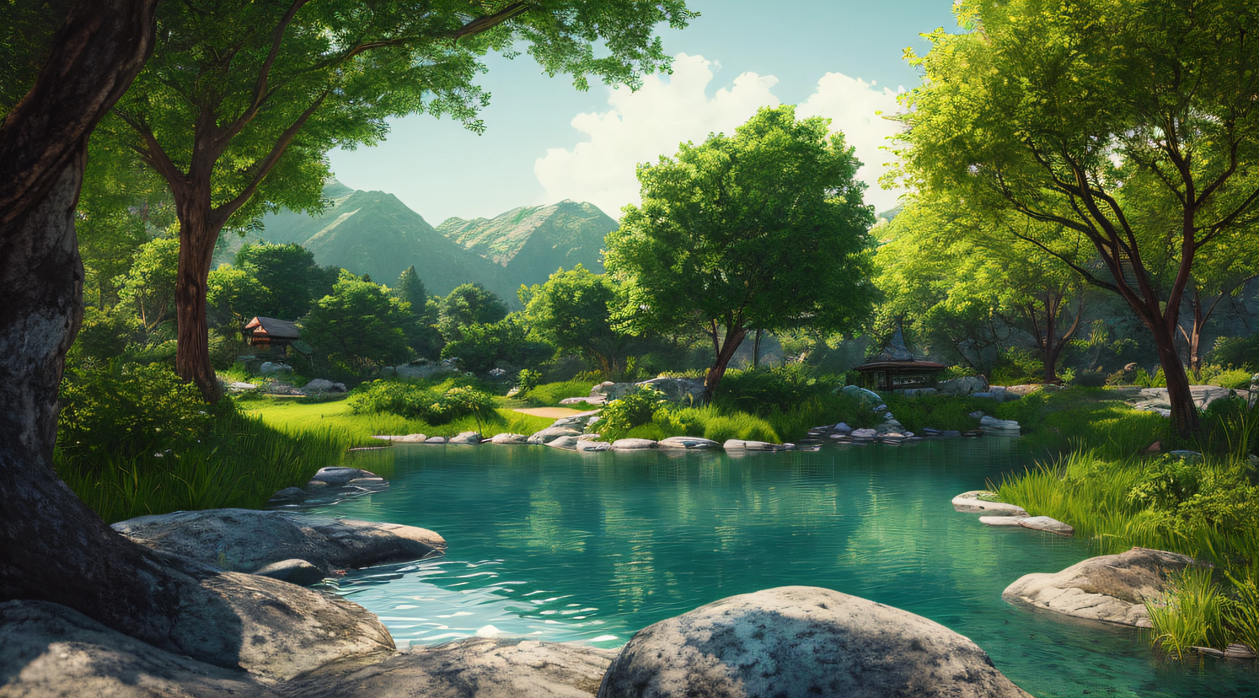 A serene place, very pleasant, beautiful, calm and beautifully landscaped. photorealistic, 8k uhd, studio quality, ultra realistic, maximum detail, large scale, postprocessing, photorealistic, photorealistic, photoshop, photography, detailed, cinematic lighting, landscape, panorama, scenery, ray tracing, cinema4d