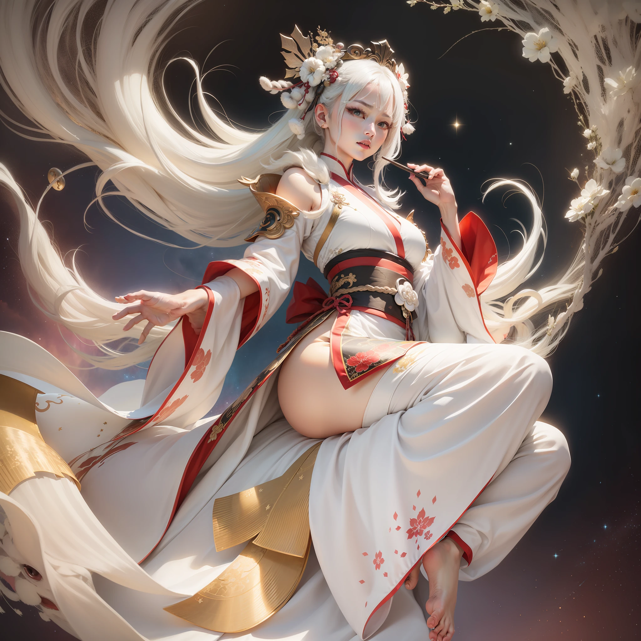 Genshin style,quadratic element,goddes,starryskybackground,White clothes,White hair,the detail,Hanfu,As estrelas,silber hair,The barefoot