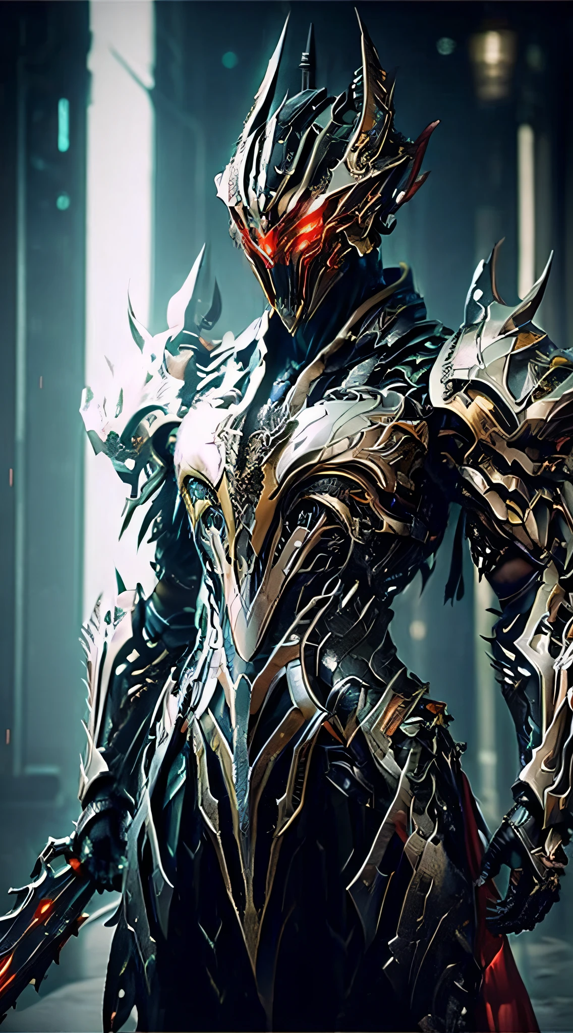 male people,Chinese Dragon Elemental Warframe,heavy metal,Faceless, glowing light eyes,vehement,Hold a long sword in your hand,Blood-red and black uniforms are all over the body, 独奏, modern day, 城市, the street, dark cloude, thunderstorm, very heavy rain, Dramatic lighting, (tmasterpiece:1.2),best qualtiy,A high resolution,beautifuldetails,extremely detailed nipple,Perfect litthing