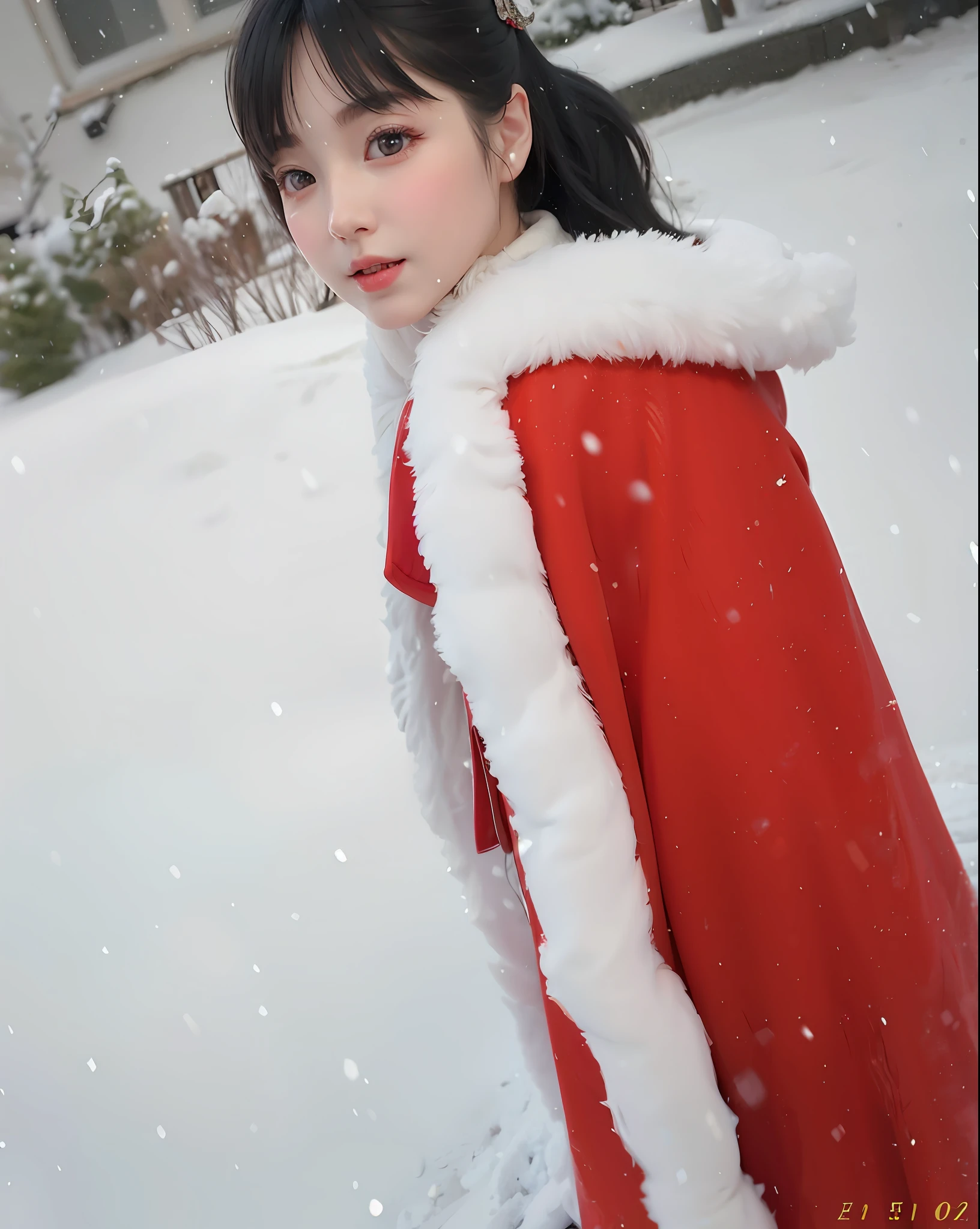 There was a young girl wearing a red coat and a white fur collar, in snow, In the snow, wearing red fur cloak, snowstorm ::5, nevando, snowing outside, dressed in a beautiful red cloak, blanketed in a mantle of snow, Standing in the snow, snowy day, only snow i the background, Covered with snow, Red coat, chiho, shaxi
