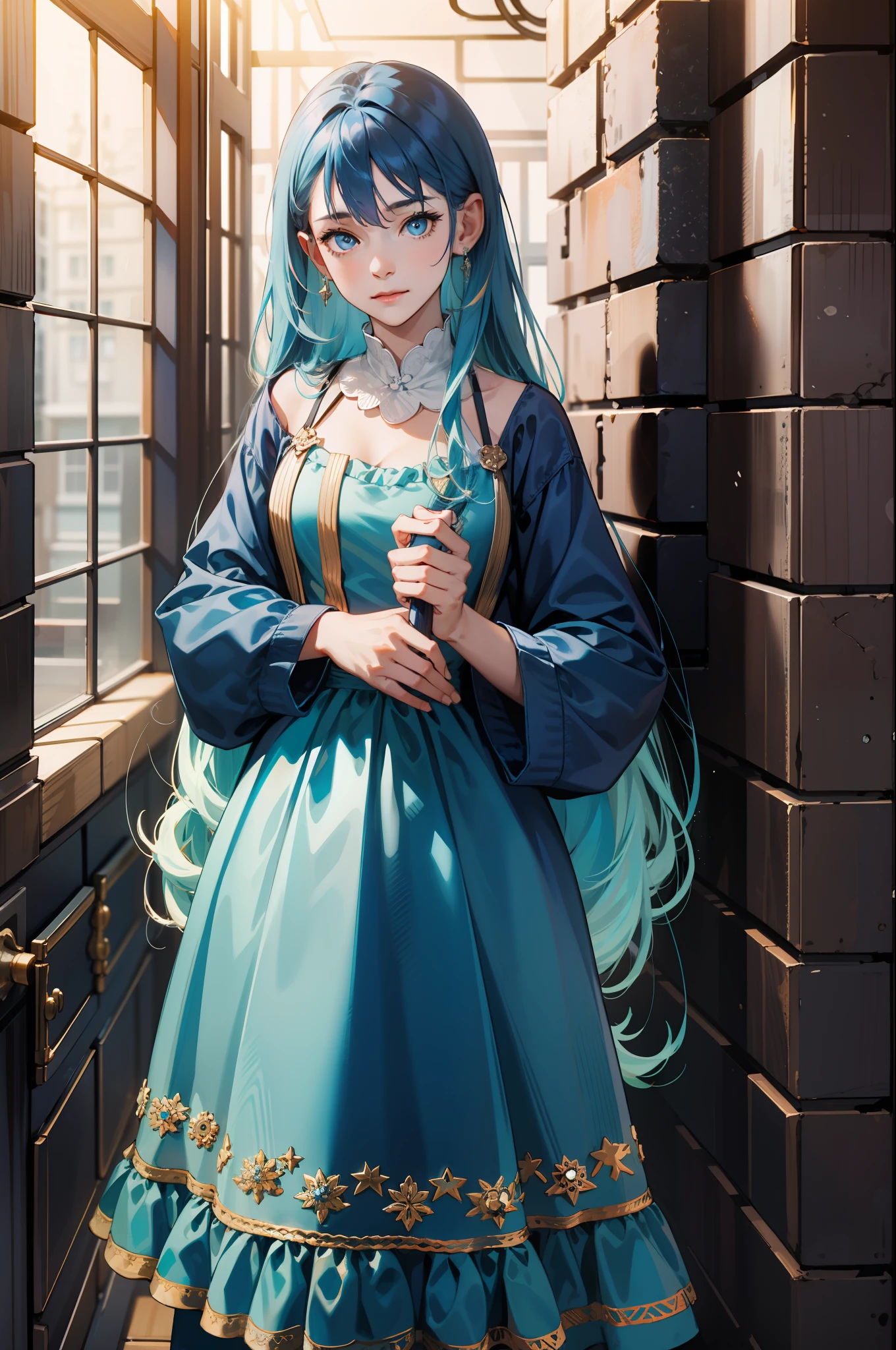 girl with long blue hair and blue eyes is wearing a blue dress