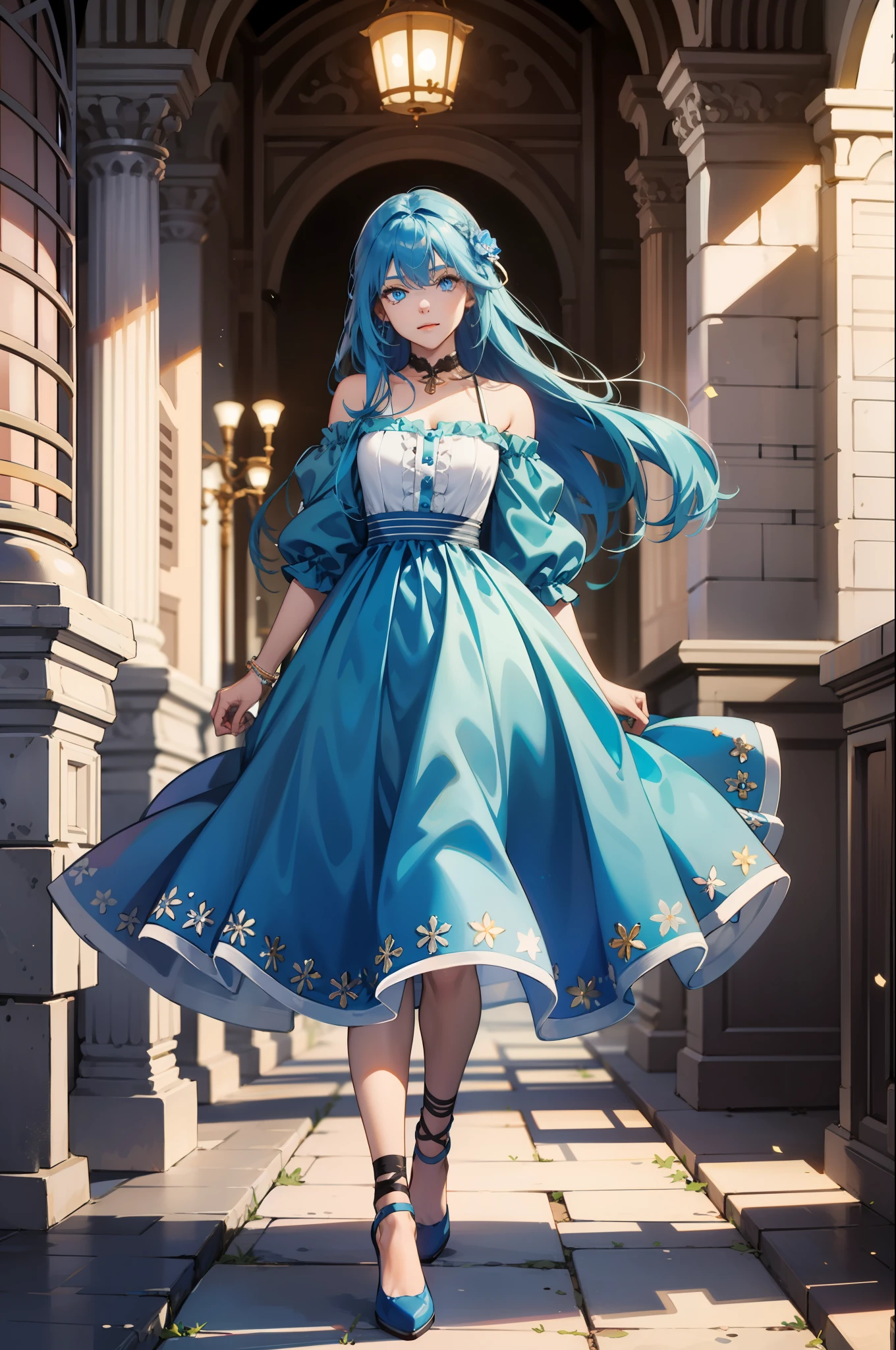 girl with long blue hair and blue eyes is wearing a blue dress