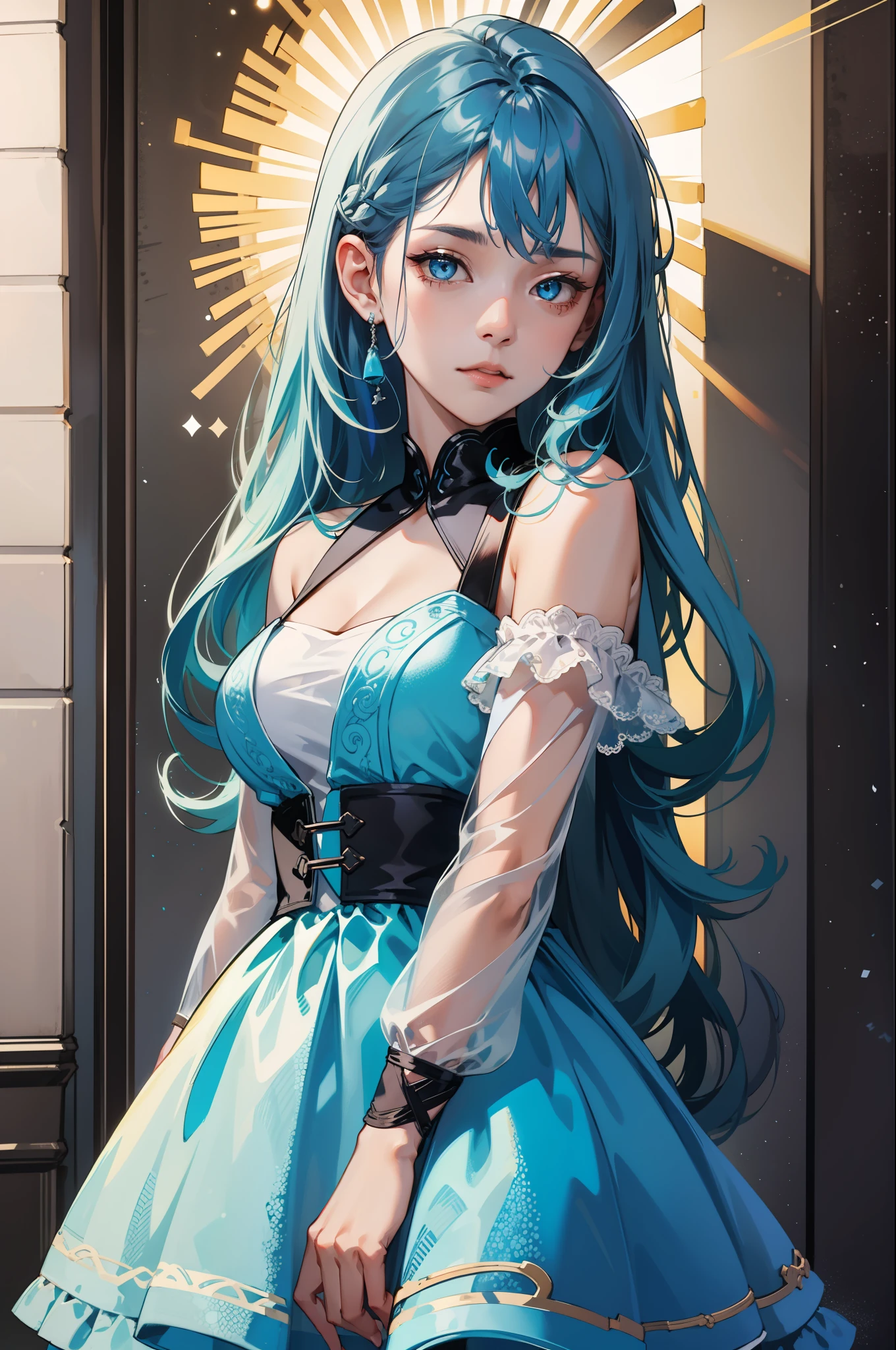 girl with long blue hair and blue eyes is wearing a blue dress