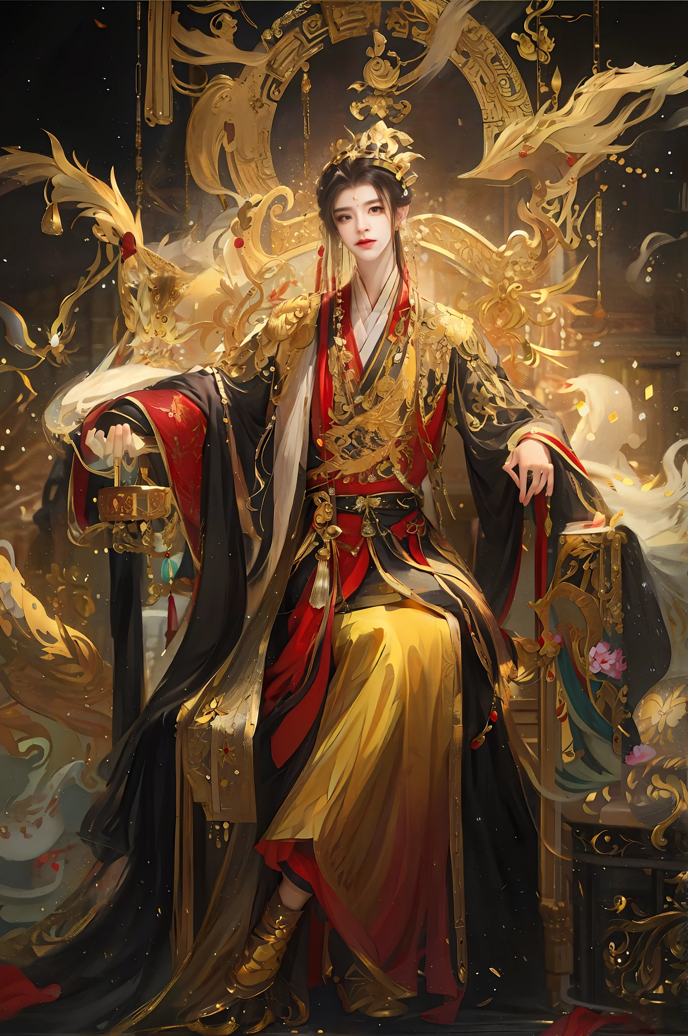 Image of Arafad of a man sitting on a throne wearing a golden crown, by Yang J, heise jinyao, G Liulian art style, the god emperor of mankind, wearing gilded red robes, beautiful male god of death, Inspired by Seki Dosheng, inspired by Zhang Sengyao, Inspired by Huang Shen