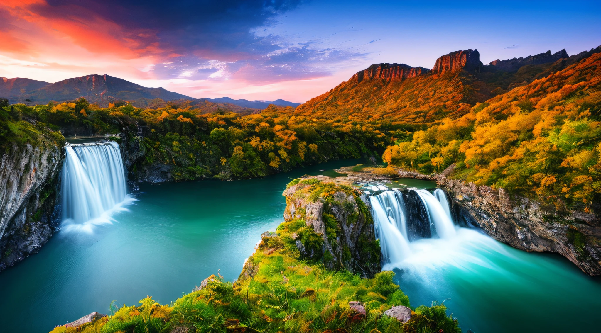 Masterpiece, ultimate quality, Cg unity 8k wallpaper, super delicate, beautiful sky and clouds, rich natural scenery, cliffs, lakes and rivers, waterfalls and flying water, beautiful green mountains, no trace of people, excellent scenery, has already won a photo contest, background Blurring, full depth of field, HDR high dynamics, true restoration, intricate, extreme details, dramatic presentation, perfectly presenting the style of midjourney art.