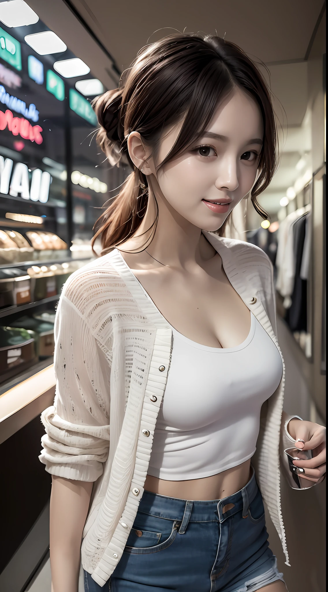 （8K，best qualtiy，tmasterpiece：1，2），（realisticlying，photo-realistic：1，37），top Quority，tmasterpiece，A handsome man wearing a female cut shirt V-neck on white t-shirt korean fashion female t with tight open gray jacket，Beautiful and toned body，，Floral miniskirt，walking in the suburbs，Slightly drizzy night background，In a store with Korean-style shop lights， The atmosphere of the night，Slightly moist bitumen，An alluring smile with dimples，