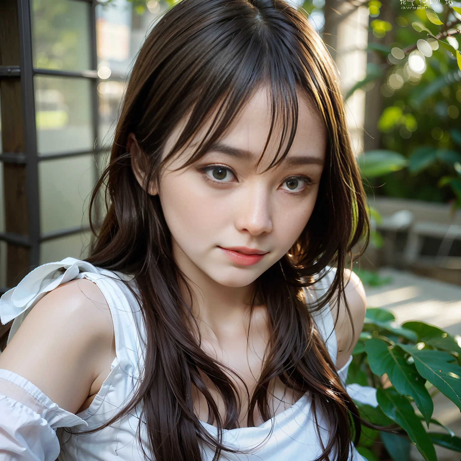 Fresh and sweet,The girl looked up and smiled,Shyness on the face,Gently hold your hand on your cheek,White clothes,Kind and lovely
