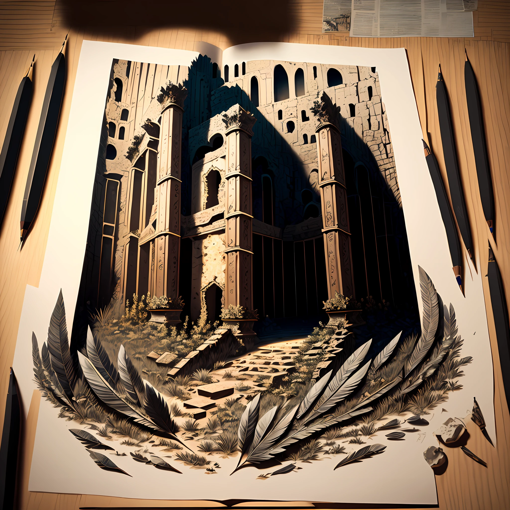 "An ultra-detailed masterpiece dark ruins with intricate details emphasized on the large black feathers. The realism of the image is highlighted by delicate lighting a best-quality and ultra-detailed illustration." --auto