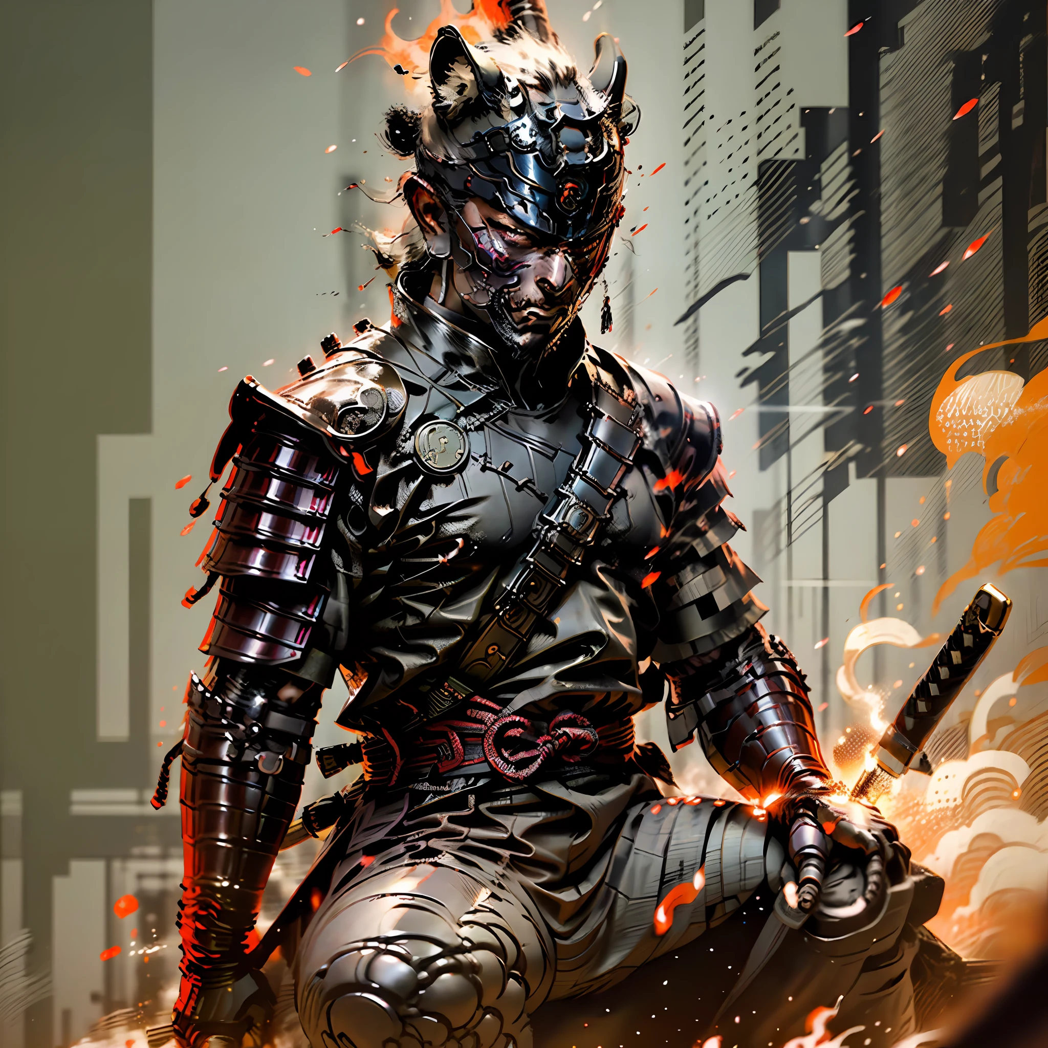 samurai, Stone Mask, Cinematic, Masterpiece, Seated Samurai Pose, soft contrast, Cinematic lighting, Cinematic Shadow, katana_arma, Samurai costume, Anime scenes, Magnificent landscapes, ember, 独奏.
